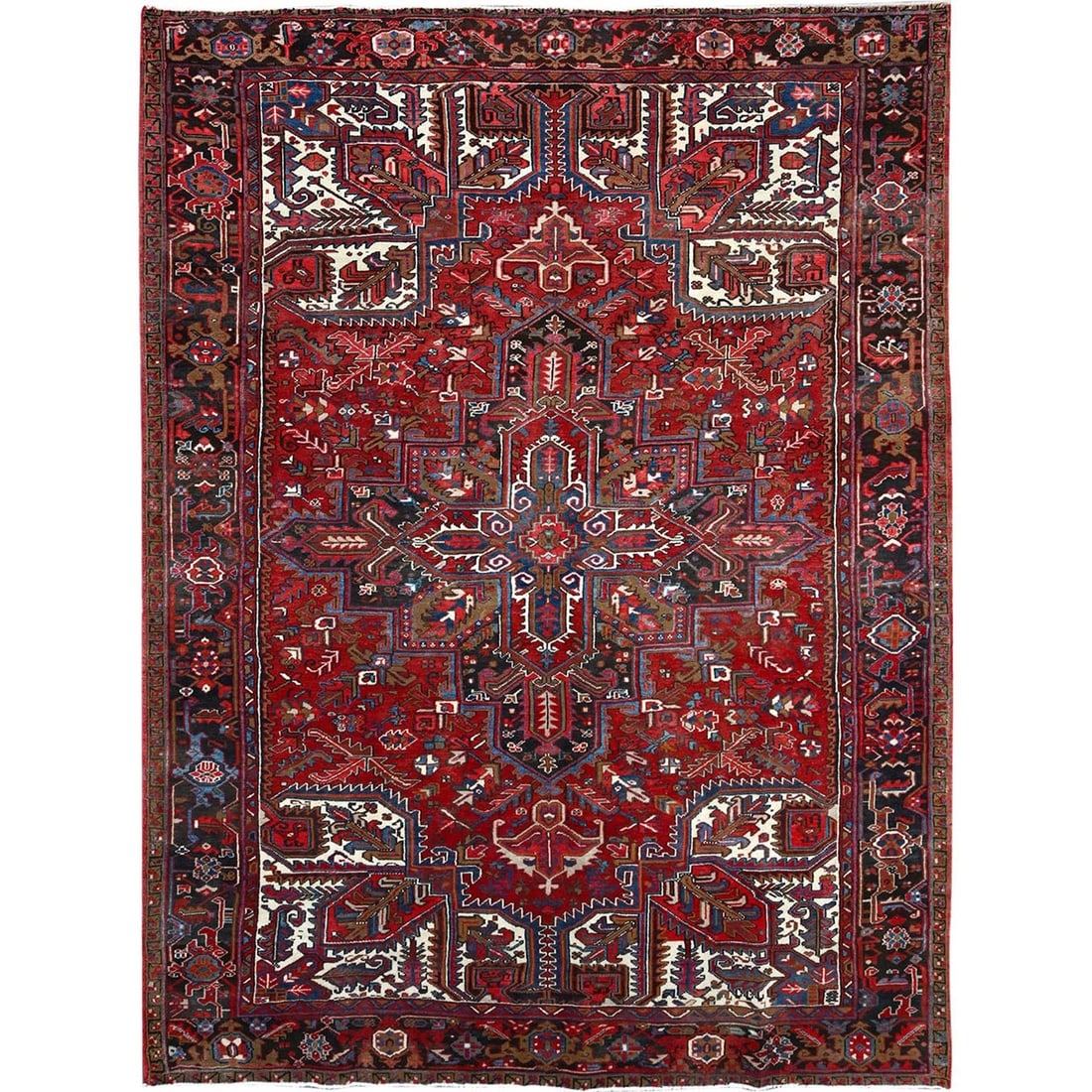 8'2"x10'10" Red Centre Geometric Medallion Cropped Thin Oriental Rug: 8'2"x10'10" Red Centre Geometric Medallion Cropped Thin Oriental Rug The Red Centre Geometric Medallion Cropped Thin Oriental Rug boasts a striking rectangular field with bold, flatweave design in ric