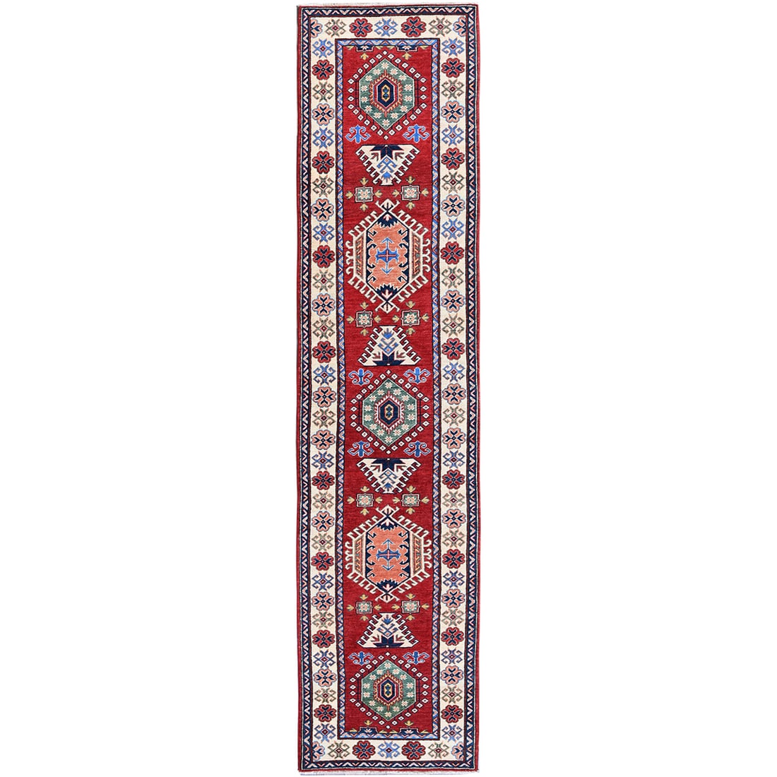 Chili Red Hand Knotted Soft Wool 2'9"x12'10" Kazak Oriental Runner: Chili Red Hand Knotted Soft Wool 2'9"x12'10" Kazak Oriental Runner Soft underfoot, the vibrant Chili Red Kazak Oriental Runner invites warmth and elegance to any room. Hand-knotted from rich wool, its