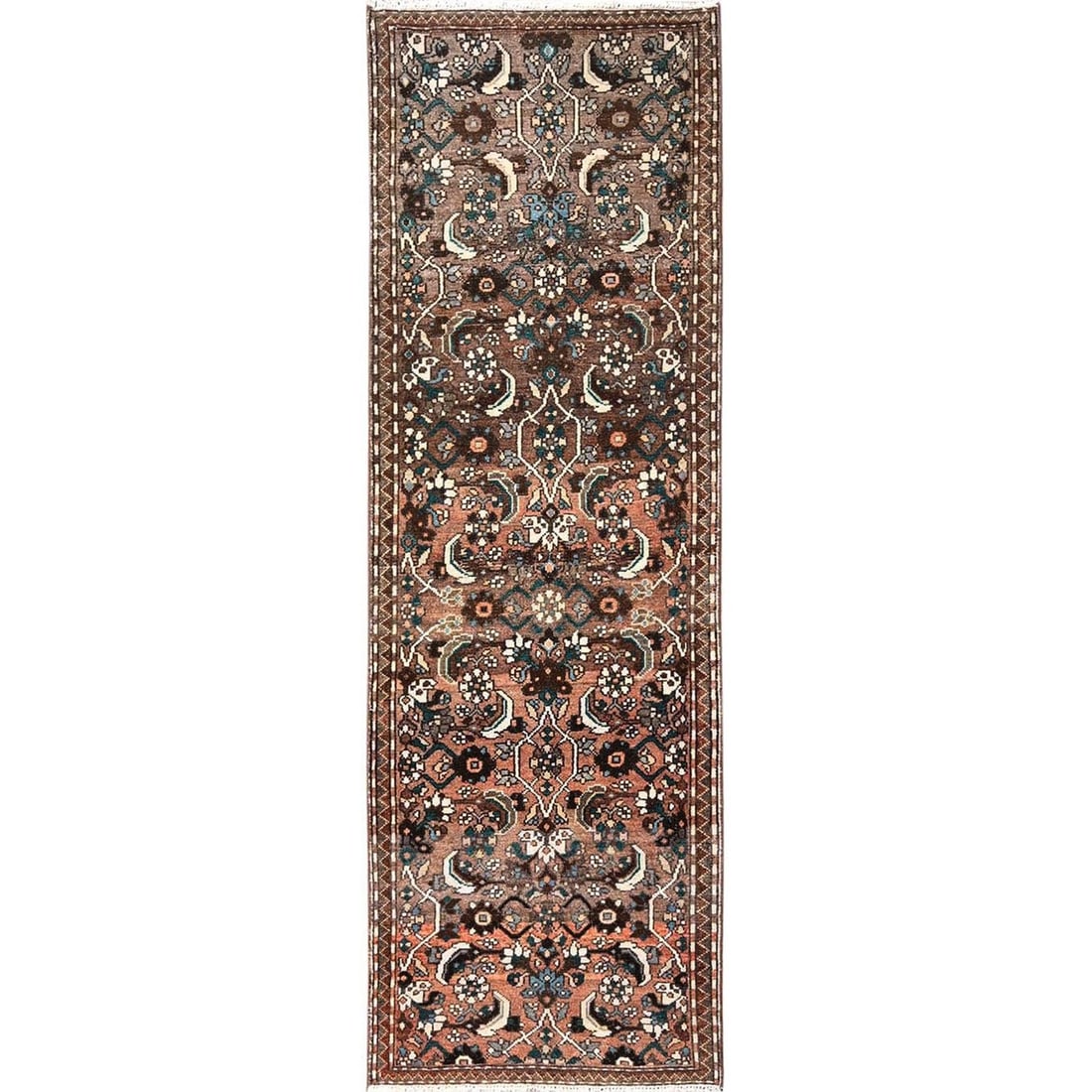 2'7"x8'2" Brown Vintage Zoroastrian with Abrash All Wool Hand Knotted Runner: 2'7"x8'2" Brown Vintage Zoroastrian with Abrash All Wool Hand Knotted Runner Brown Vintage Zoroastrian Hand Knotted Wool Runner, measuring 2'7" x 8'2" in size, boasts an all-over regional design with 