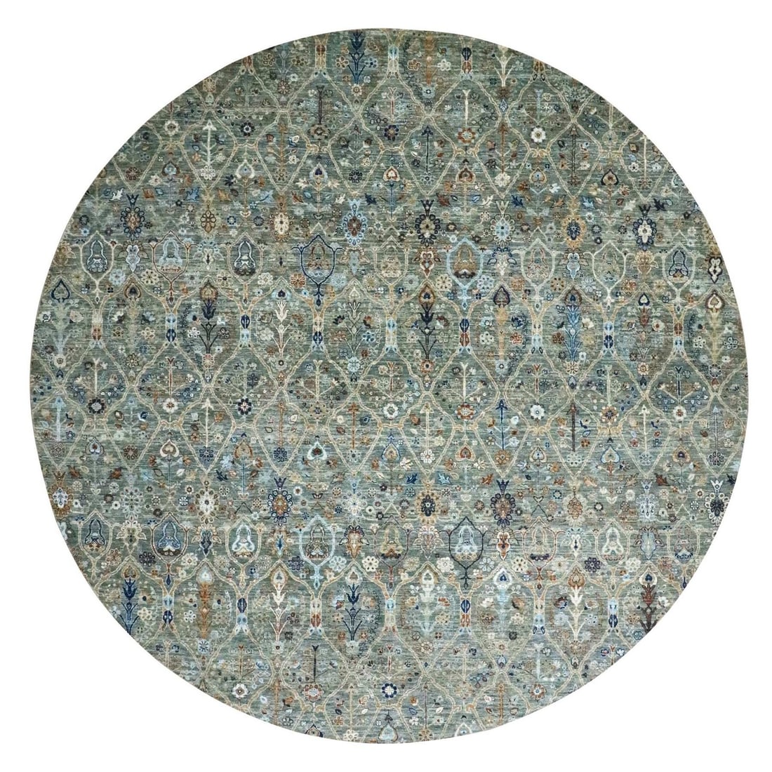 11'10"x11'10" Green Round Rug Hand Knotted Trellis Garden Design Pure Wool: 11'10"x11'10" Green Round Rug Hand Knotted Trellis Garden Design Pure Wool Hand-knotted in pure wool, this stunning 11'10"x11'10" green round rug boasts an all-over trellis garden design that adds a t