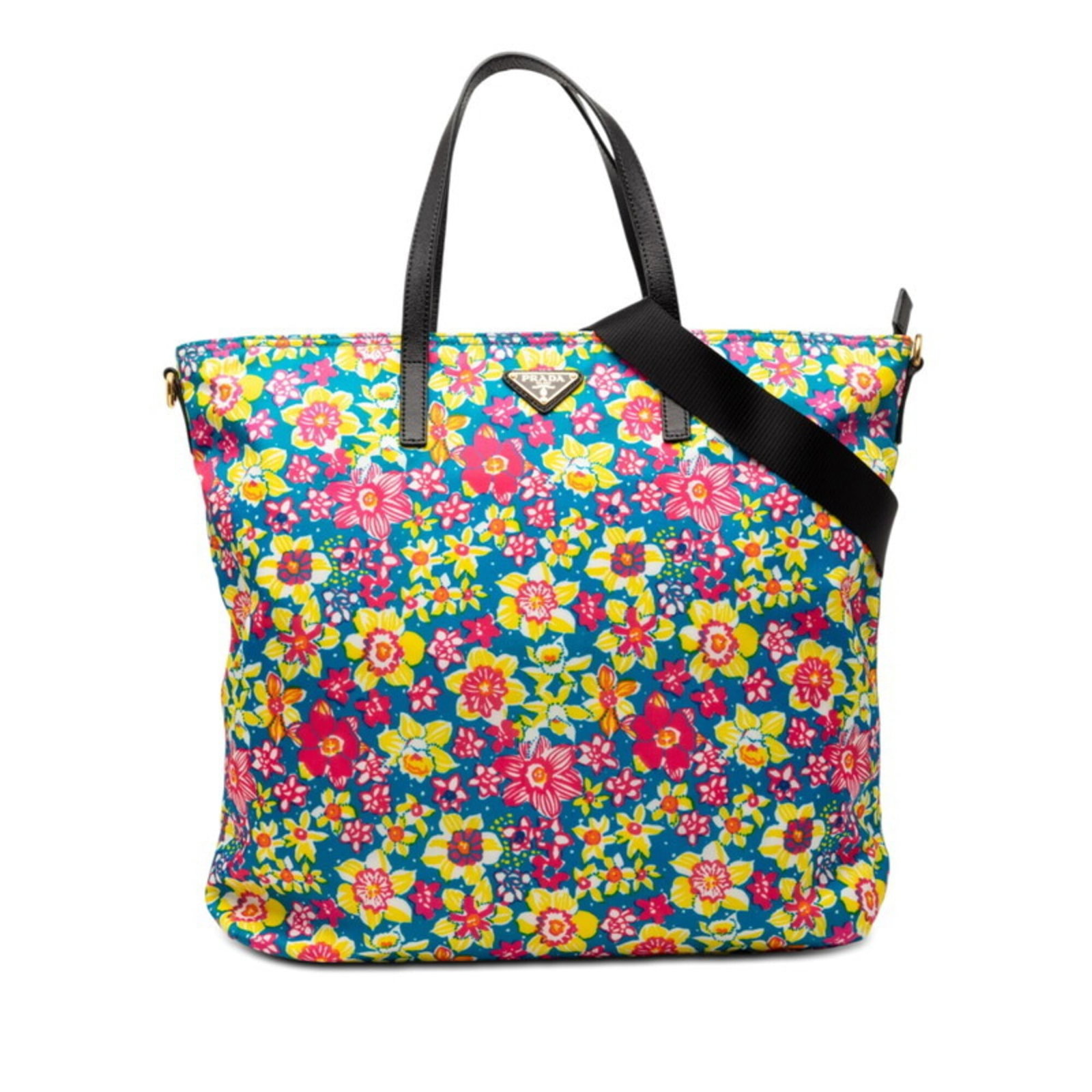 Nylon tote bag by Prada: Nylon tote bag by Prada Nylon tote bag by Prada, featuring a unique blue and multi-color design with a pink accent. This stylish shoulder bag boasts an open outer pocket and adjustable shoulder strap 
