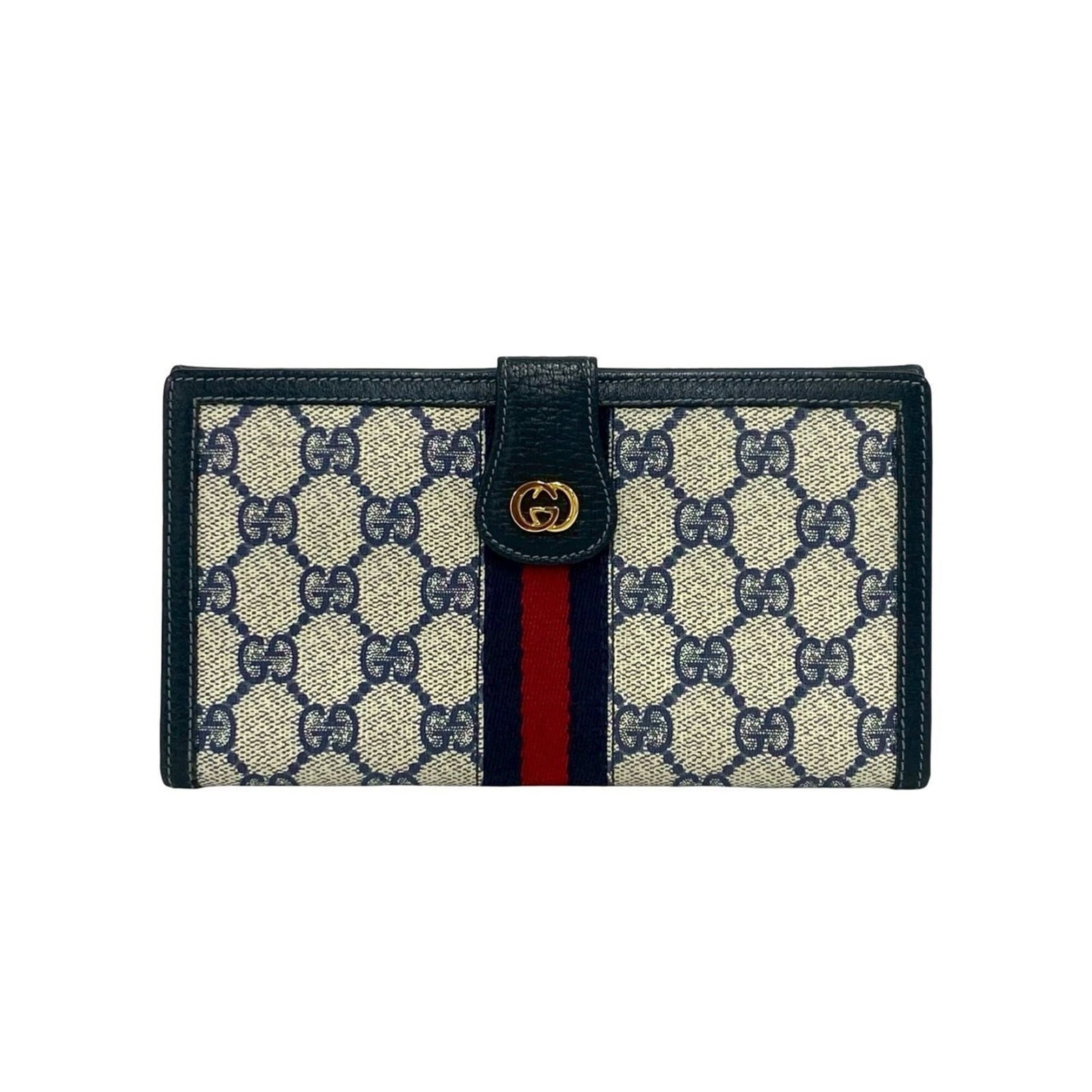 Long Wallet Bi Fold Leather Pvc Gucci: Long Wallet Bi Fold Leather Pvc Gucci Navy and red color combination adds a pop of contrast to this long wallet, featuring bi-fold design. Made from high-quality leather and PVC materials, its durable