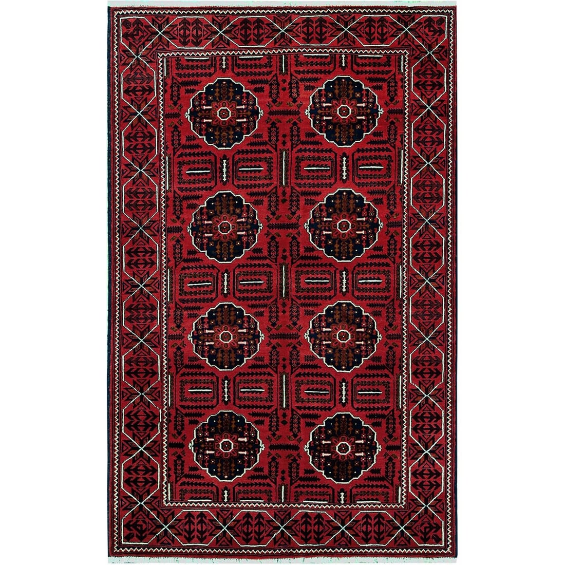 4'x6'4" Red Afghan Khamyab Tribal Medallions Design Wool Hand Knotted Rug: 4'x6'4" Red Afghan Khamyab Tribal Medallions Design Wool Hand Knotted Rug This stunning 4'x6'4" Red Afghan Khamyab Tribal Medallions Design Wool Hand Knotted Rug boasts a vibrant red color and intrica