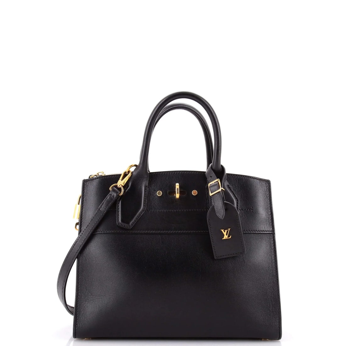 City Steamer Handbag Leather Louis Vuitton: City Steamer Handbag Leather Louis Vuitton Black City Steamer Handbag with gold hardware, featuring heavy corner wear and scuffs on the exterior leather. This Louis Vuitton PM model measures 9" in hei