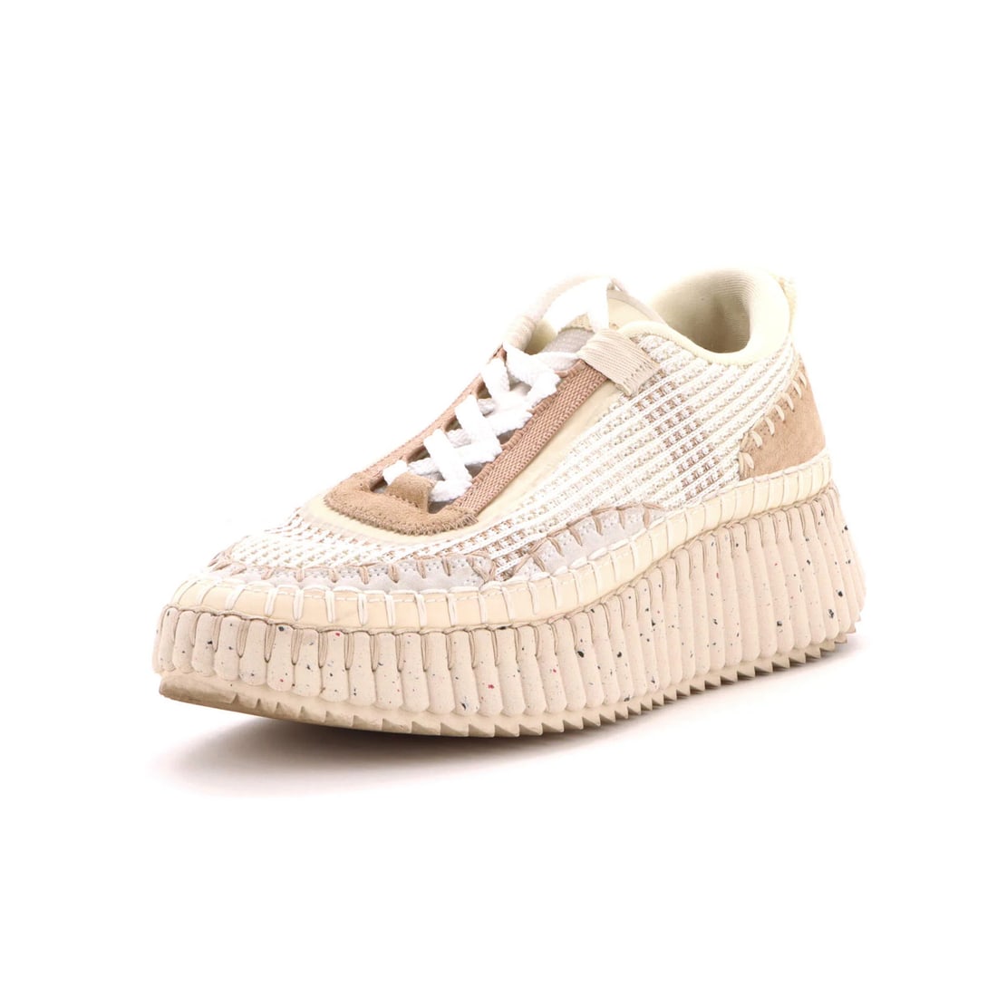 Nama Women's Knitted Chloe Fabric Sneakers: Nama Women's Knitted Chloe Fabric Sneakers Neutral-colored Chloe Us Women's Nama Sneakers in knitted fabric feature suede trims and leather interiors. Minor creases, scuffs, and marks are present thro