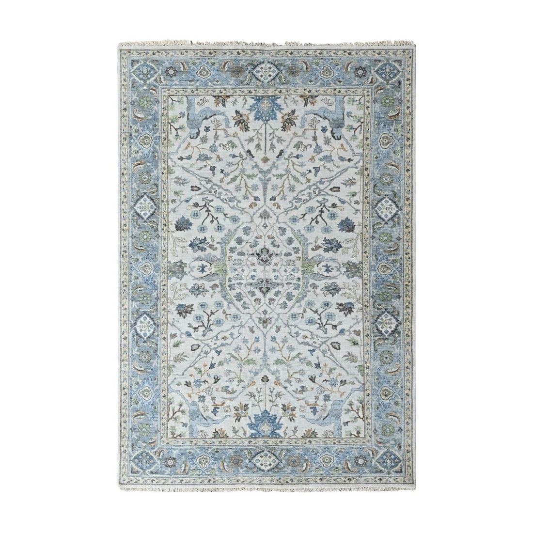 Oushak Rug Pure Wool 6'x8'10" Oyster Gray With Floral Motifs: Oushak Rug Pure Wool 6'x8'10" Oyster Gray With Floral Motifs Oushak rug with stunning oyster gray and floral motifs, hand-knotted in pure wool for a luxurious feel. This rectangular field rug measures
