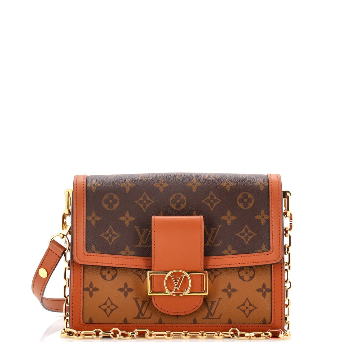 Louis Vuitton Dauphine Shoulder Bag Reverse Monogram Canvas MM: Louis Vuitton Dauphine Shoulder Bag Reverse Monogram Canvas MM The Louis Vuitton Dauphine Shoulder Bag Reverse Monogram Canvas MM boasts a classic design with a rich, brown reverse monogram canvas ext