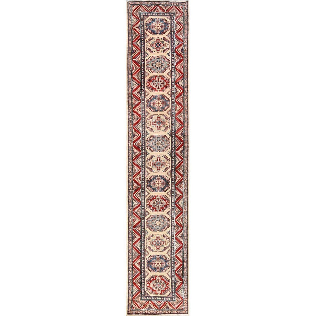 2'10"x15'5" Ivory Kazak with Geometric Design Hand Knotted Rug Wool Runner: 2'10"x15'5" Ivory Kazak with Geometric Design Hand Knotted Rug Wool Runner Ivory Kazak with Geometric Design Hand Knotted Wool Runner boasts an elegant ivory color and intricate geometric pattern, cha