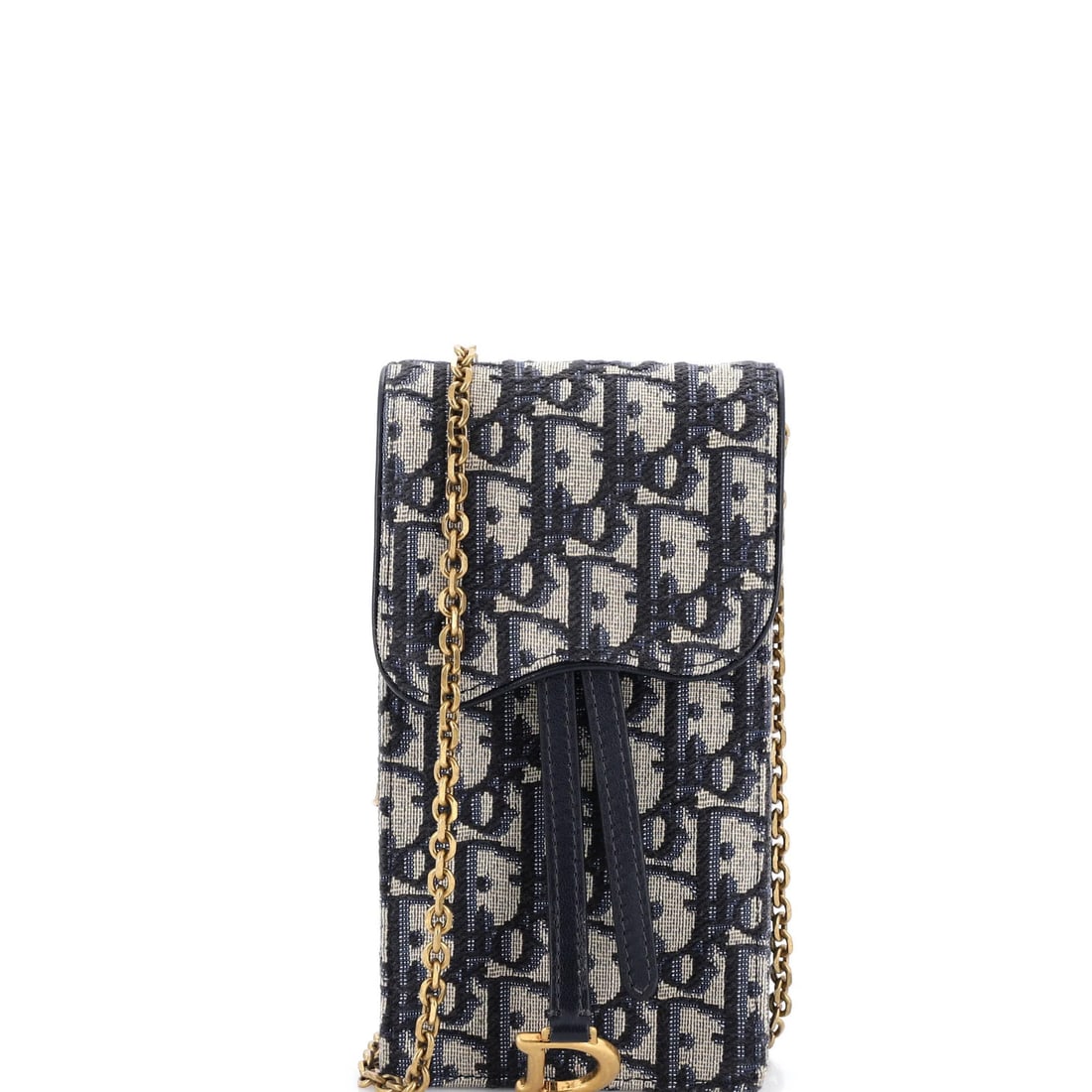 Christian Dior Vertical Saddle Chain Pouch Oblique Canvas: Christian Dior Vertical Saddle Chain Pouch Oblique Canvas The Christian Dior Vertical Saddle Chain Pouch Oblique Canvas clutch boasts a striking blue canvas exterior with an aged gold chain strap, add