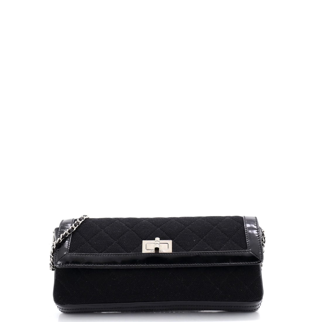 Quilted Jersey Bag Reissue Chanel East with West Patent: Quilted Jersey Bag Reissue Chanel East with West Patent Black quilted jersey bag with west patent exterior, featuring a classic Chanel design. This reissue style measures 10" wide and 3" tall, with a 
