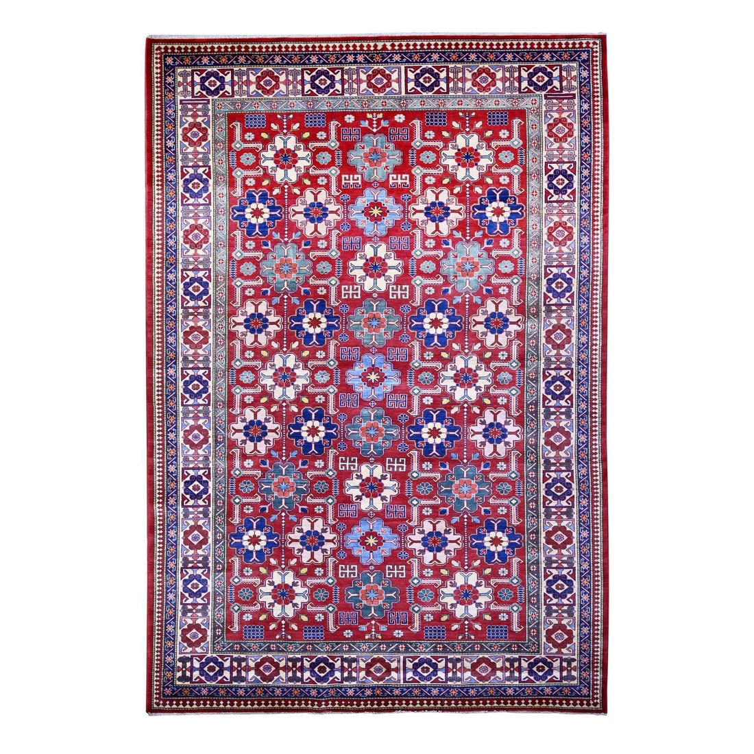 6'4"x9'4" Red Caucasian Design Wool Afghan Super Kazak Hand Knotted Rug: 6'4"x9'4" Red Caucasian Design Wool Afghan Super Kazak Hand Knotted Rug The Red Caucasian Design Wool Afghan Super Kazak Hand Knotted Rug boasts an impressive size, measuring 6'4" x 9'4", with a rich 