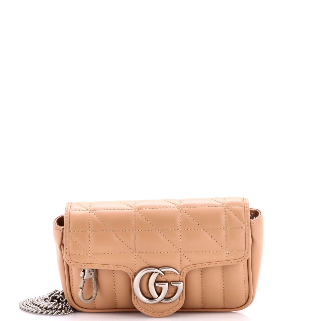 Super mini mixed leather matelasse flap bag gucci gg marmont: Super mini mixed leather matelasse flap bag gucci gg marmont Super mini GG Marmont flap bag with mixed matelasse leather exterior, featuring neutral color and silver hardware. This super mini cross bo