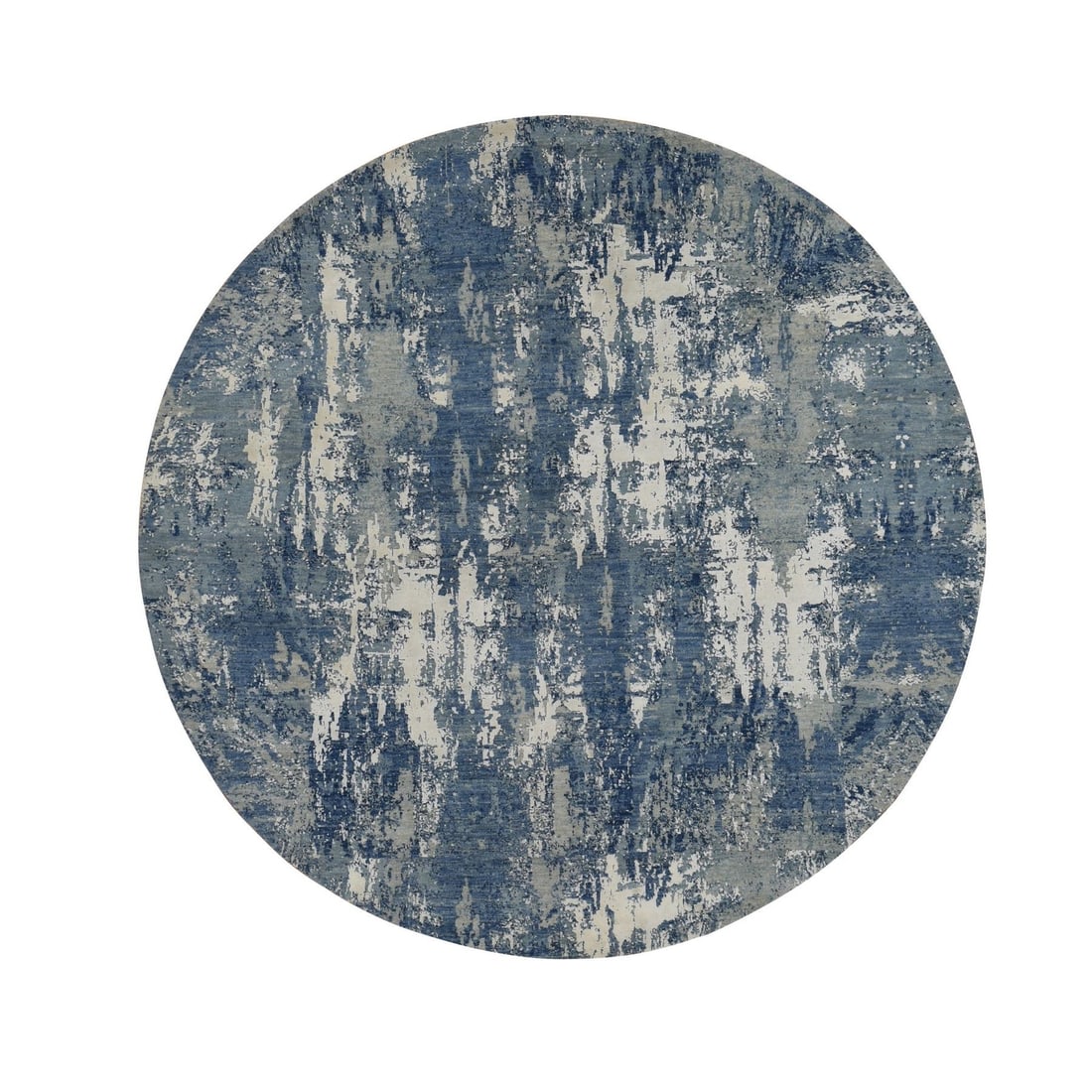 8'1"x8'1" Blue Abstract Design Wool and Pure Silk Hand Knotted Round Rug: 8'1"x8'1" Blue Abstract Design Wool and Pure Silk Hand Knotted Round Rug Blue Abstract Design Wool and Pure Silk Hand Knotted Round Rug, measuring 97" x 97" in a vibrant blue field with an intricate h