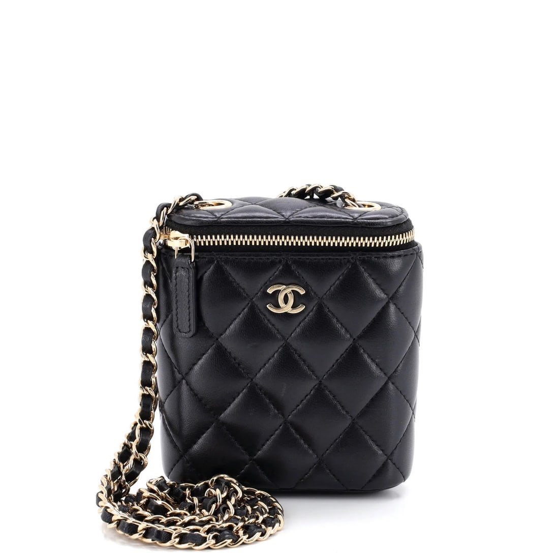 Chanel vertical classic quilted lambskin case with chain small: Chanel vertical classic quilted lambskin case with chain small Small Vertical Classic Quilted Lambskin Case with Chain. This black Chanel case features quilted lambskin exterior, gold-tone hardware, a