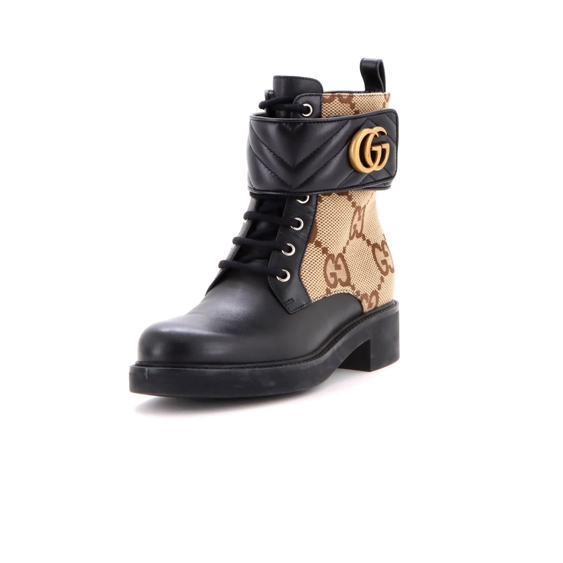 Women's Gucci GG Marmont Lace Up Jumbo Boots Canvas Leather: Women's Gucci GG Marmont Lace Up Jumbo Boots Canvas Leather Canvas and leather GG Marmont lace up ankle boots in black, featuring jumbo soles and silver hardware. Minor odor in interior, with creases 