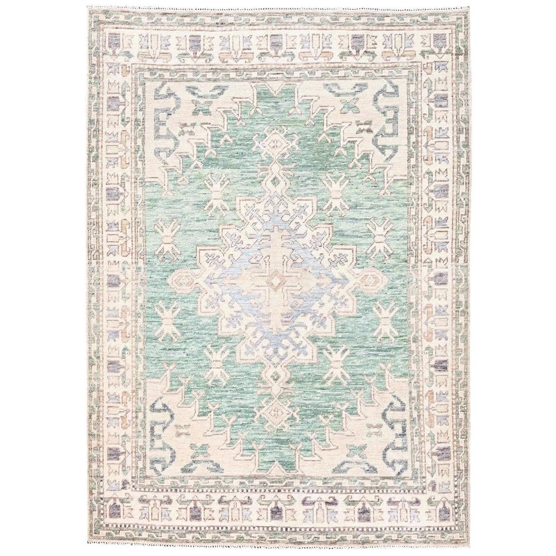 4'10"x7' Green Zero Pile Anatolian Village Design Hand Knotted Wool Rug: 4'10"x7' Green Zero Pile Anatolian Village Design Hand Knotted Wool Rug This stunning Anatolian-style hand-knotted wool rug boasts an intricate medallion pattern in rich green hues, set against a