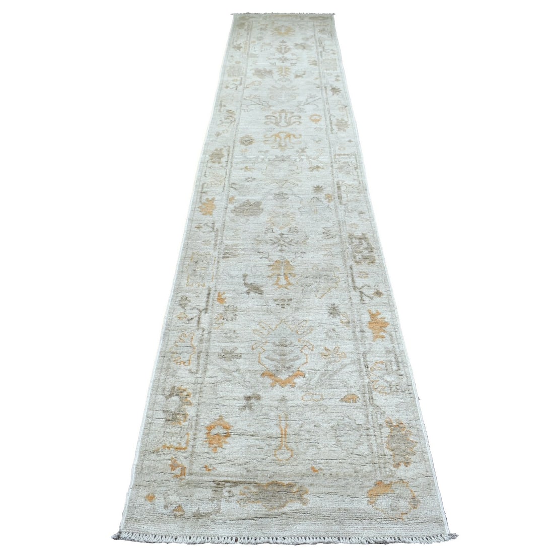 2'5"x13'9" Hand Knotted Gray Angora Ushak Organic Wool XL Runner Rug: 2'5"x13'9" Hand Knotted Gray Angora Ushak Organic Wool XL Runner Rug Hand-knotted with love and care, this stunning 2'5"x13'9" Gray Angora Ushak Organic Wool XL Runner Rug boasts a rich, grey field co