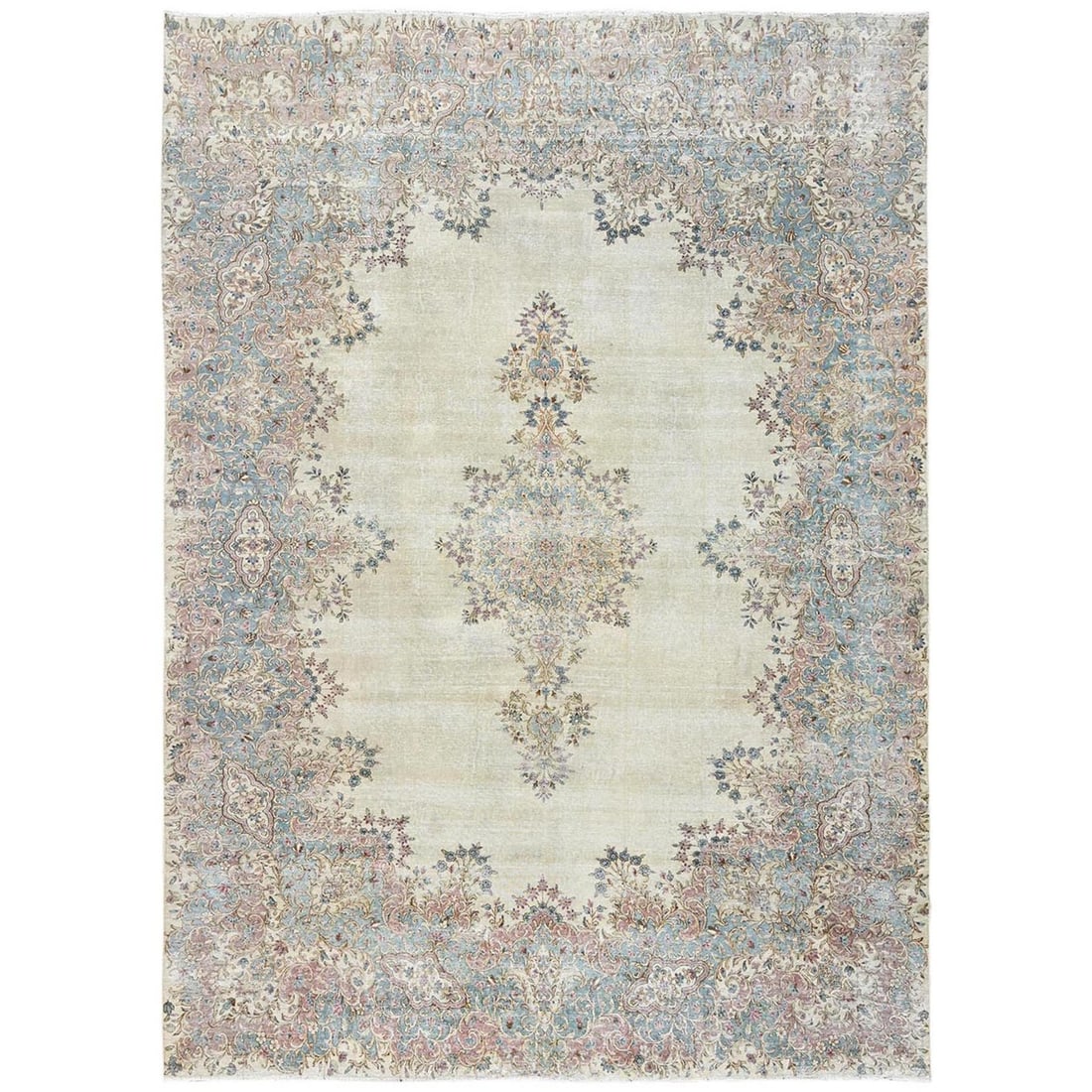 10'x13'9" Ivory Vintage Zoroastrian Karman Hand Knotted Pure Wool Rug: 10'x13'9" Ivory Vintage Zoroastrian Karman Hand Knotted Pure Wool Rug This stunning 10'x13'9" Ivory Vintage Zoroastrian Karman Hand Knotted Pure Wool Rug boasts an exquisite medallion pattern, intrica