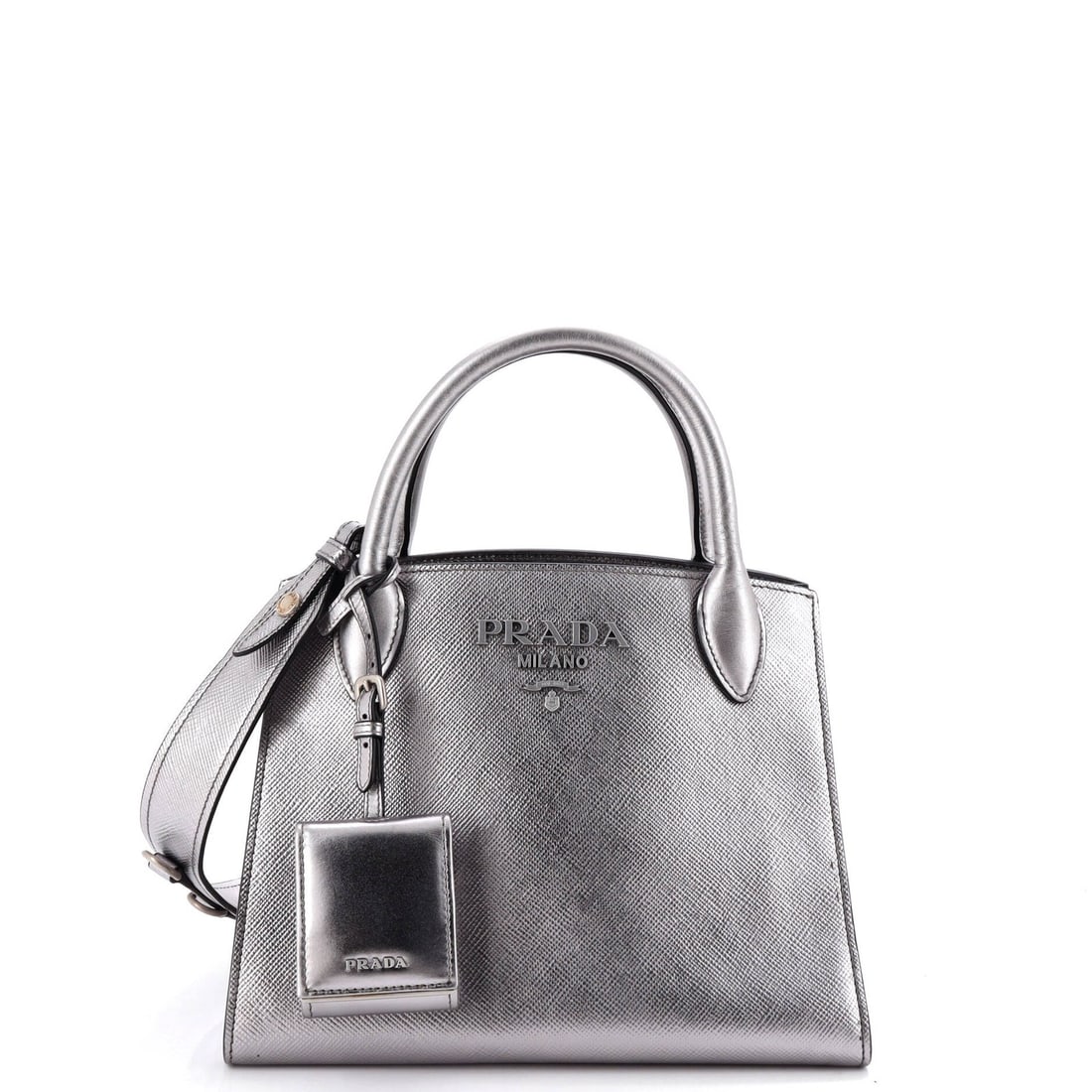 Calf Small Saffiano City with Monochrome Tote Prada: Calf Small Saffiano City with Monochrome Tote Prada Small Saffiano City Tote in Silver from Prada, featuring a classic monochrome design and durable leather exterior with scuffs and edge wear. The int