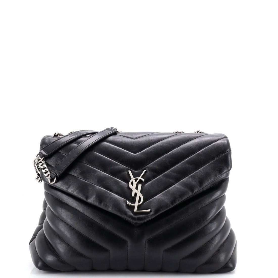 Saint Laurent Loulou Shoulder Bag Matelasse Chevron Leather Medium: Saint Laurent Loulou Shoulder Bag Matelasse Chevron Leather Medium Black Saint Laurent Loulou Shoulder Bag with matelasse chevron leather exterior, featuring a medium size and silver hardware. The bag