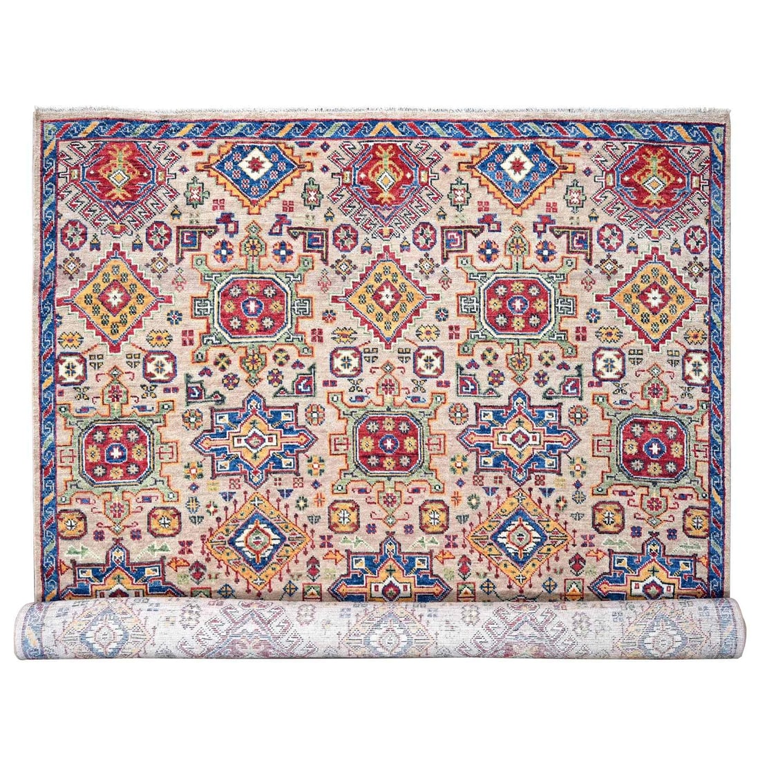 12'x17'9" Camel Geometric Design Wool Hand Knotted Oversize Oriental Rug: 12'x17'9" Camel Geometric Design Wool Hand Knotted Oversize Oriental Rug This stunning 12'x17'9" Heris-style wool hand-knotted Oriental rug boasts an impressive camel geometric design in rich brown hu