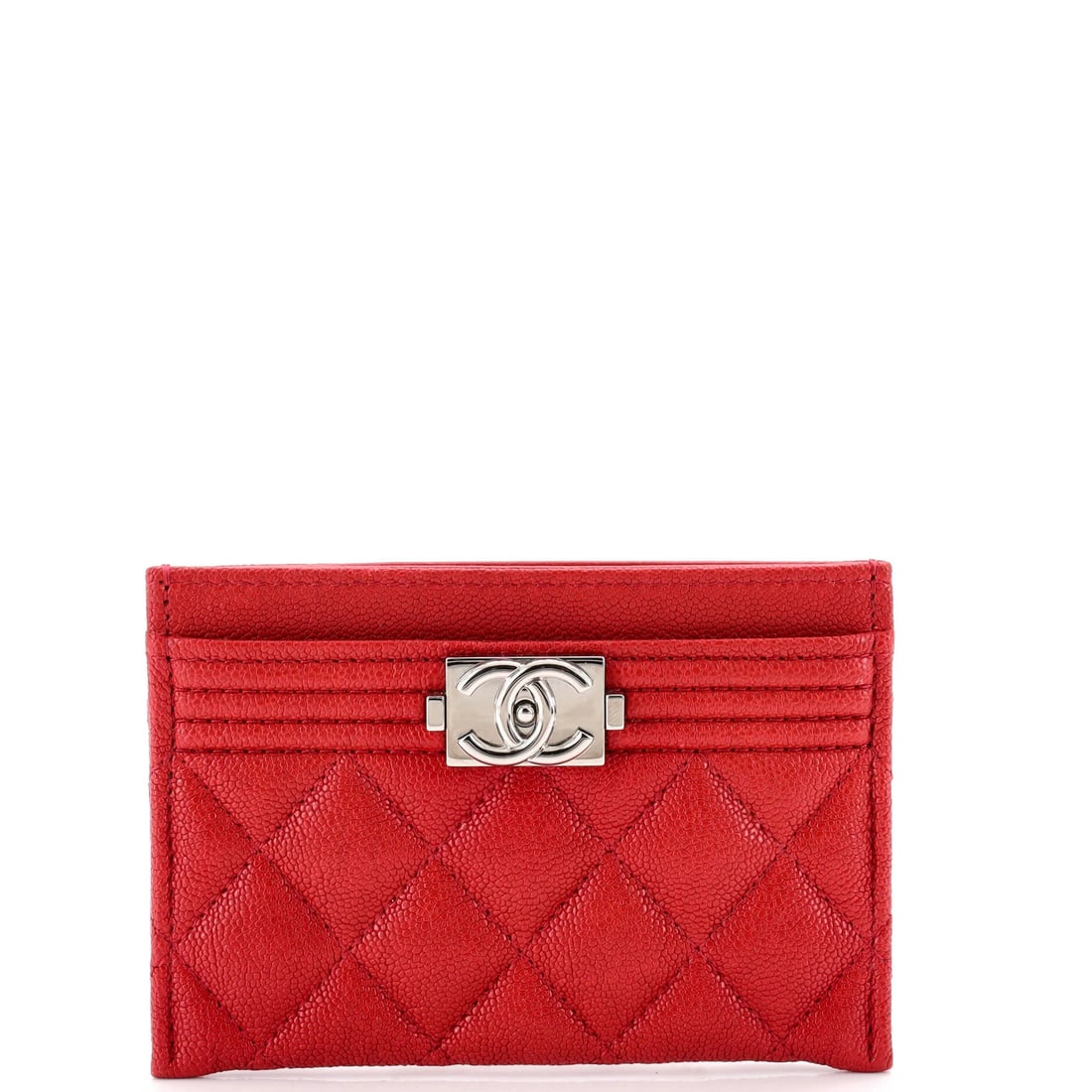 Caviar quilted card holder boy Chanel: Caviar quilted card holder boy Chanel The Boy Card Holder Quilted Caviar in red leather features a classic Chanel design with quilted detailing, adding a touch of sophistication to your daily essentia