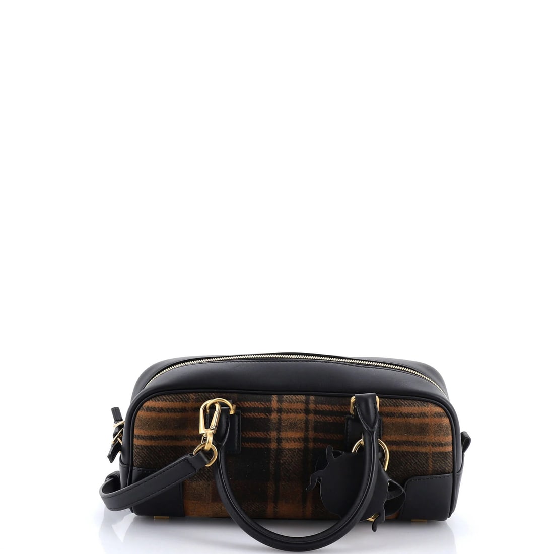 Loewe Amazona Cropped Bag Tartan Suede and Leather 23: Loewe Amazona Cropped Bag Tartan Suede and Leather 23 The Loewe Amazona Cropped Bag in Brown features a striking combination of leather and suede, with a classic tartan pattern. Measuring 23 inches in