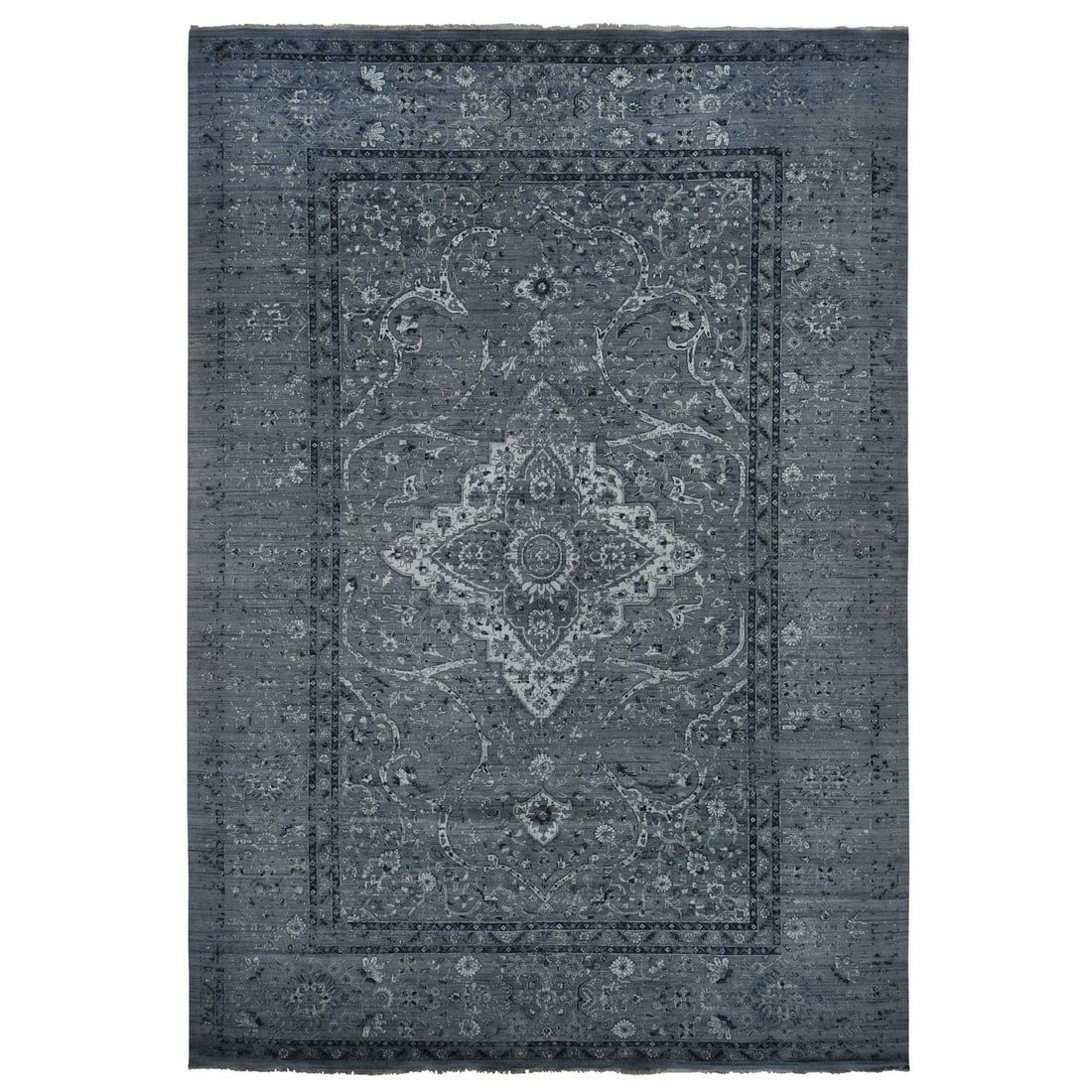 12'1"x17'7" Gray Zoroastrian Design Silk Wool Hand Knotted Oversized Rug: 12'1"x17'7" Gray Zoroastrian Design Silk Wool Hand Knotted Oversized Rug The Zoroastrian design silk wool hand knotted rug boasts an impressive size and striking grey field color, creating a dramatic 