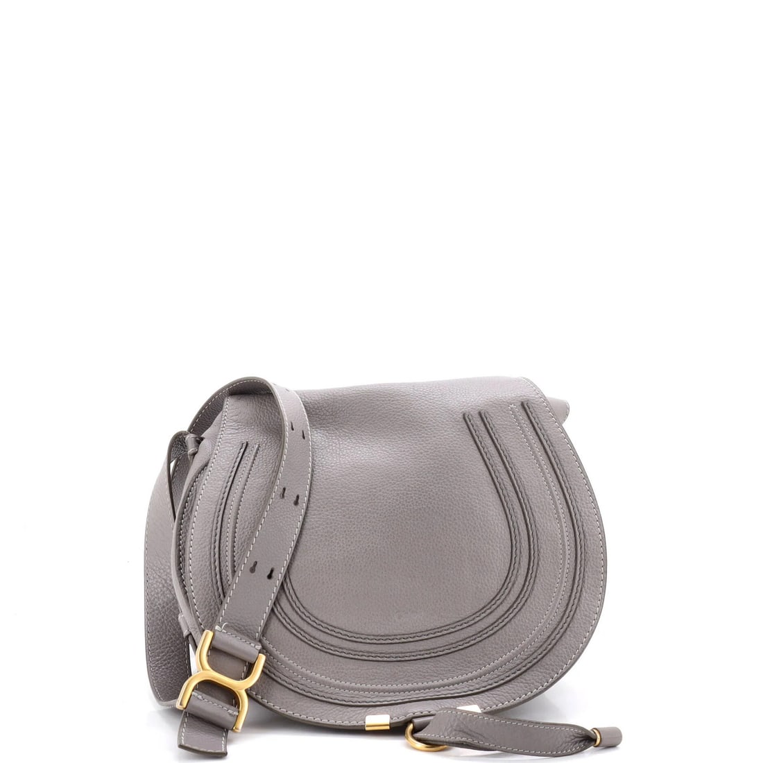 Marcie Chloe Saddle Medium Leather Bag: Marcie Chloe Saddle Medium Leather Bag The Marcie Chloe Saddle Medium Leather Bag features a timeless gray exterior with scuffs, edge wear, and minor creases. This medium-sized bag boasts a sturdy lea