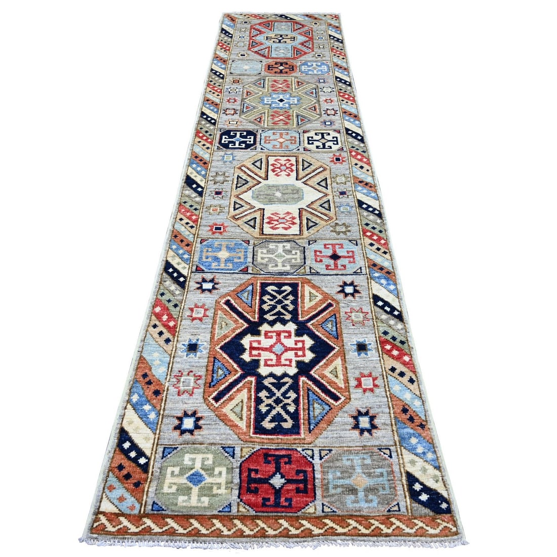 Hand knotted wool runner village gray medallions anatolian design 3'x12'7: Hand knotted wool runner village gray medallions anatolian design 3'x12'7 Hand-knotted Anatolian design wool runner in village gray, featuring intricate medallions on a grey background. This stunning 