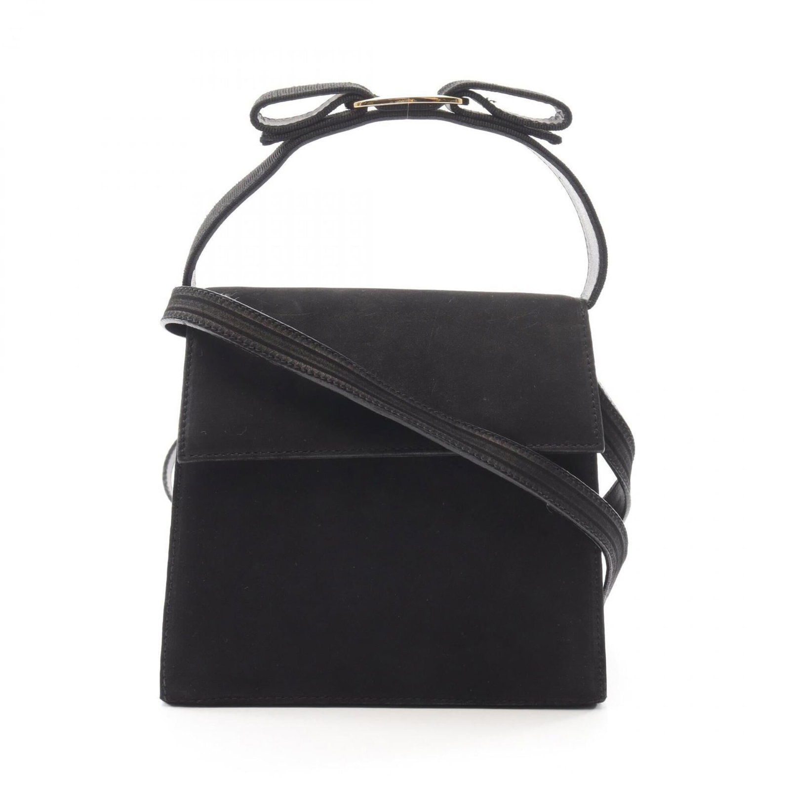 Ferragamo Salvatore Suede Handbag: Ferragamo Salvatore Suede Handbag Suede handbag from Salvatore Ferragamo, featuring black suede material and a sleek design. The bag measures 15cm x 16.5cm x 6cm, making it a compact and stylish acces