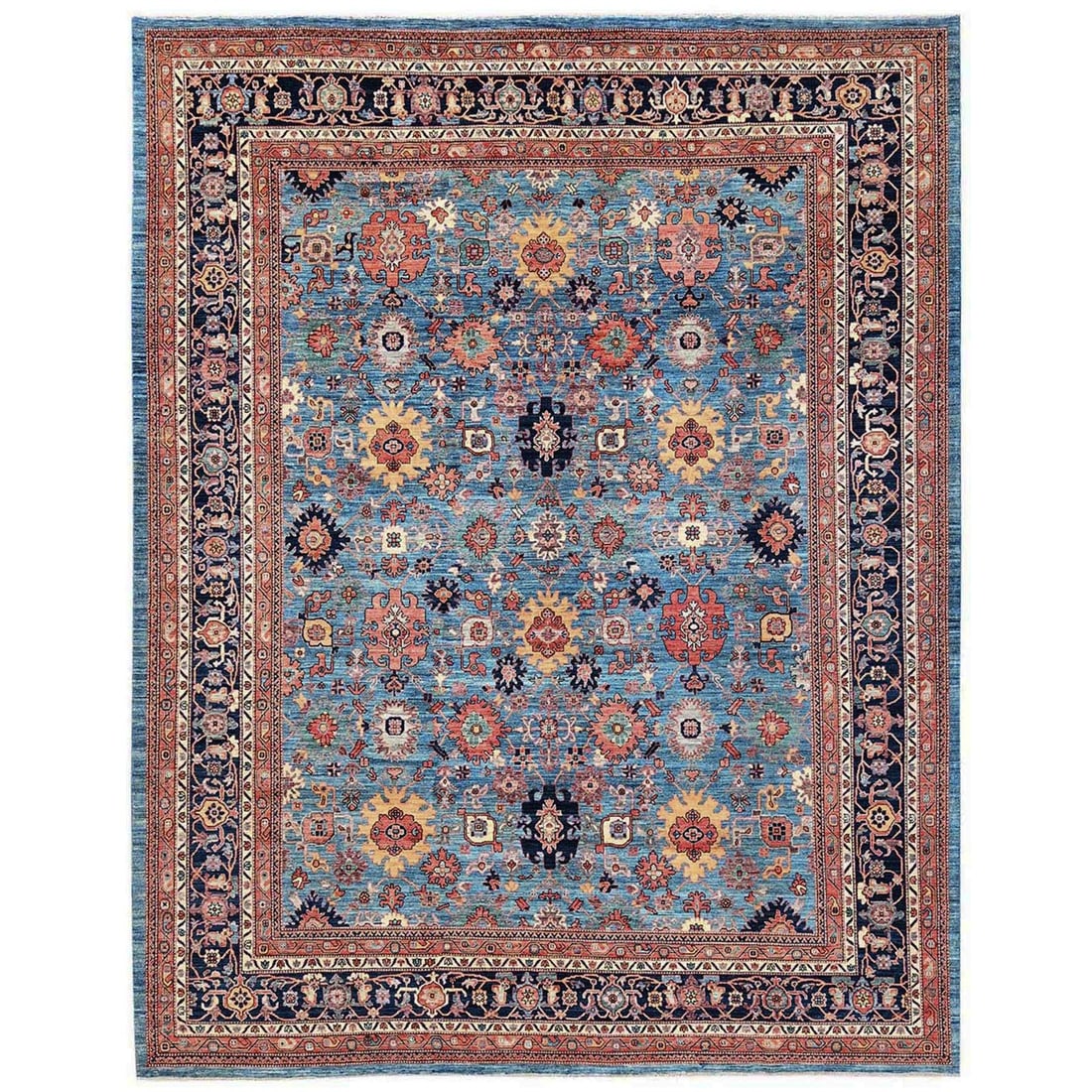 12'1"x14'9" Light Blue Heris All Over Design Hand Knotted Pure Wool XL Rug: 12'1"x14'9" Light Blue Heris All Over Design Hand Knotted Pure Wool XL Rug The 12'1"x14'9" Light Blue Heris All Over Design Hand Knotted Pure Wool XL Rug boasts an all-over design in a beautiful light