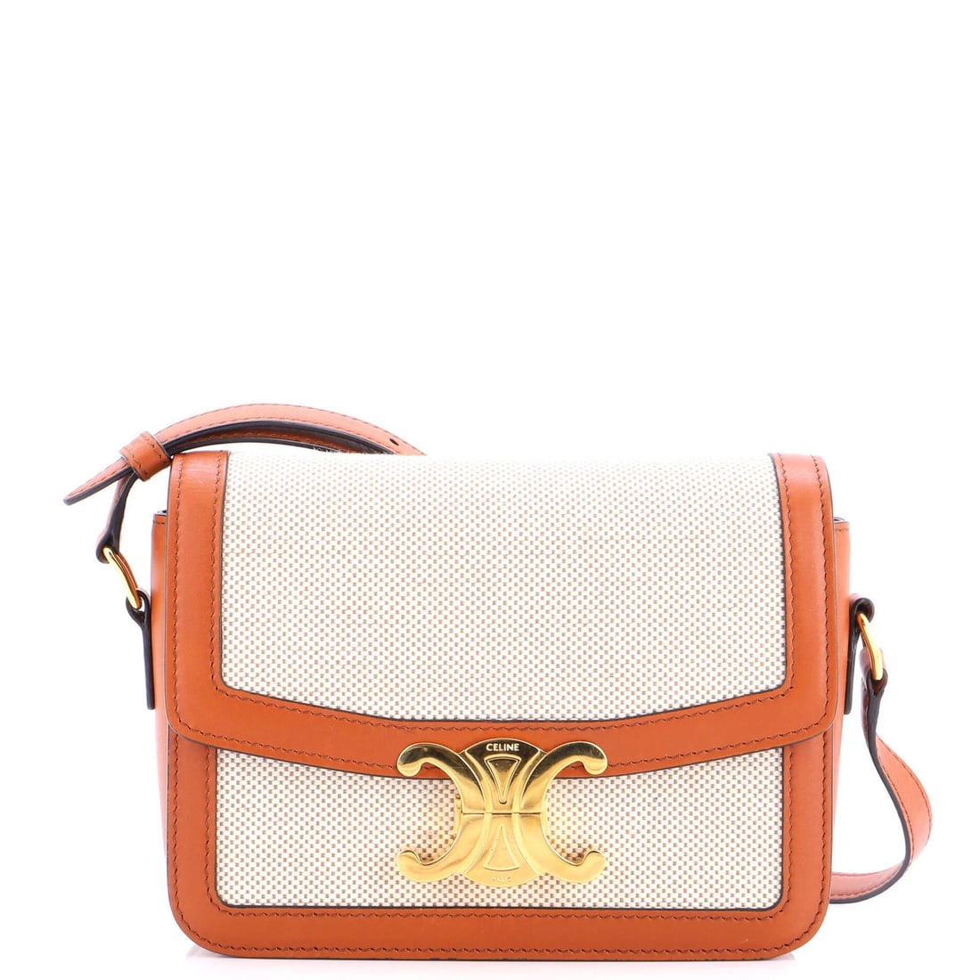 Canvas bag leather teen shoulder with Celine Triomphe: Canvas bag leather teen shoulder with Celine Triomphe Canvas bag leather teen shoulder with Celine Triomphe. This neutral-colored, cross-body bag features canvas plain exterior and brown leather trim,