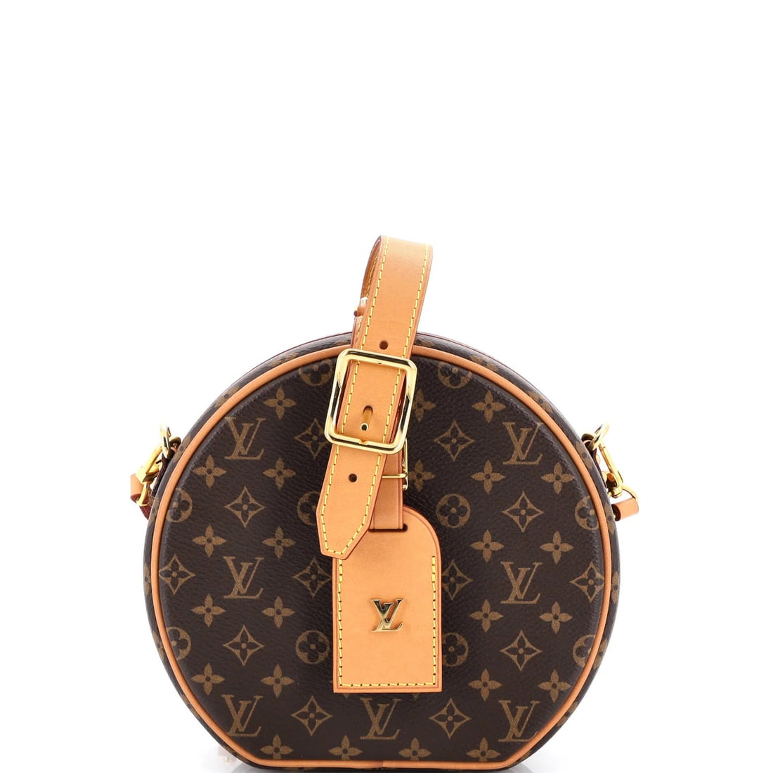 Louis Vuitton Petite Boite Chapeau Bag Monogram Canvas: Louis Vuitton Petite Boite Chapeau Bag Monogram Canvas Brown Louis Vuitton Petite Boite Chapeau Bag with Monogram Canvas exterior, featuring scuffs and minor edge wear. The bag's canvas coated exterio