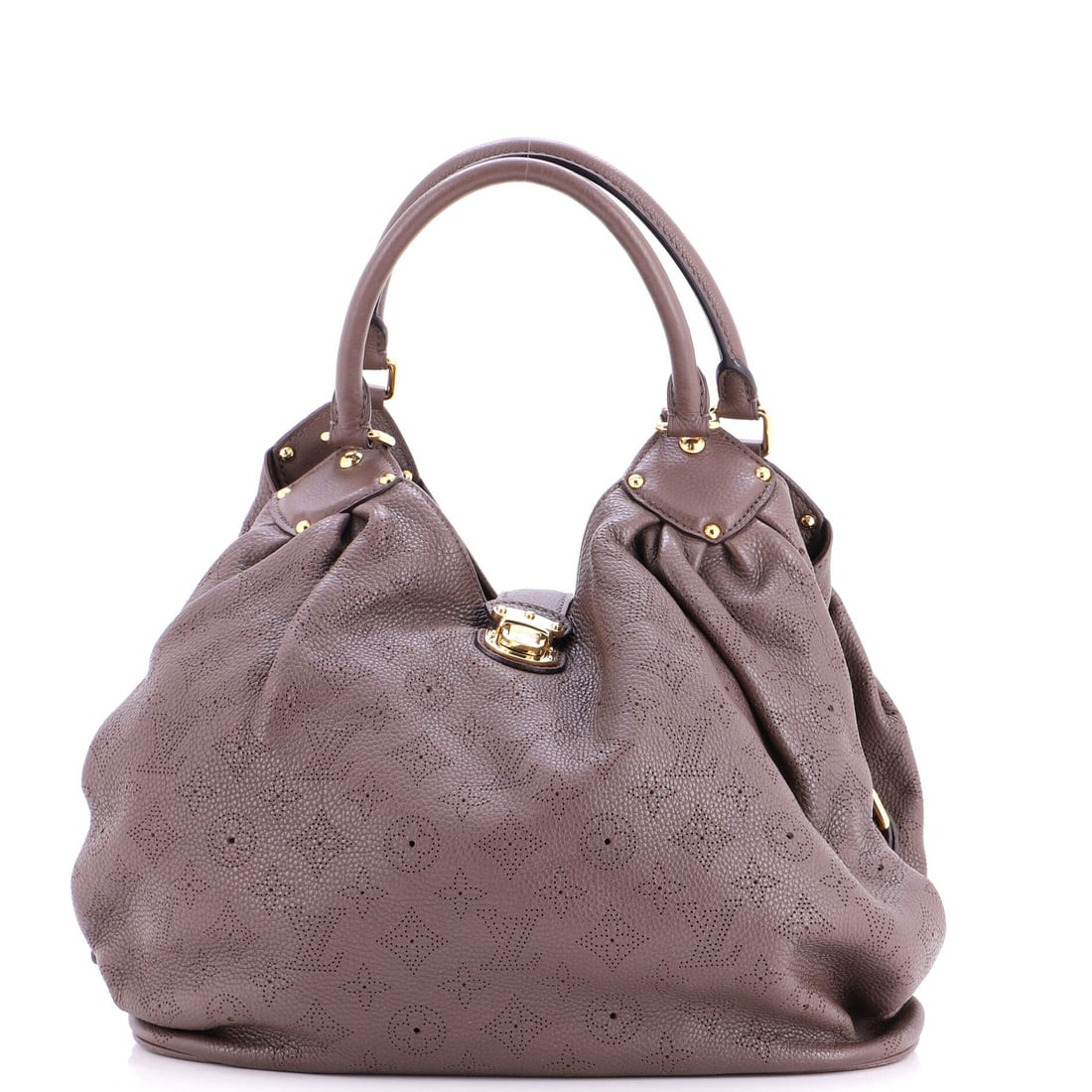 L Hobo Mahina Leather by Louis Vuitton: L Hobo Mahina Leather by Louis Vuitton The L Hobo Mahina Leather by Louis Vuitton features a classic brown leather exterior with gold hardware, measuring 11" tall and 12" wide. With its signature mono