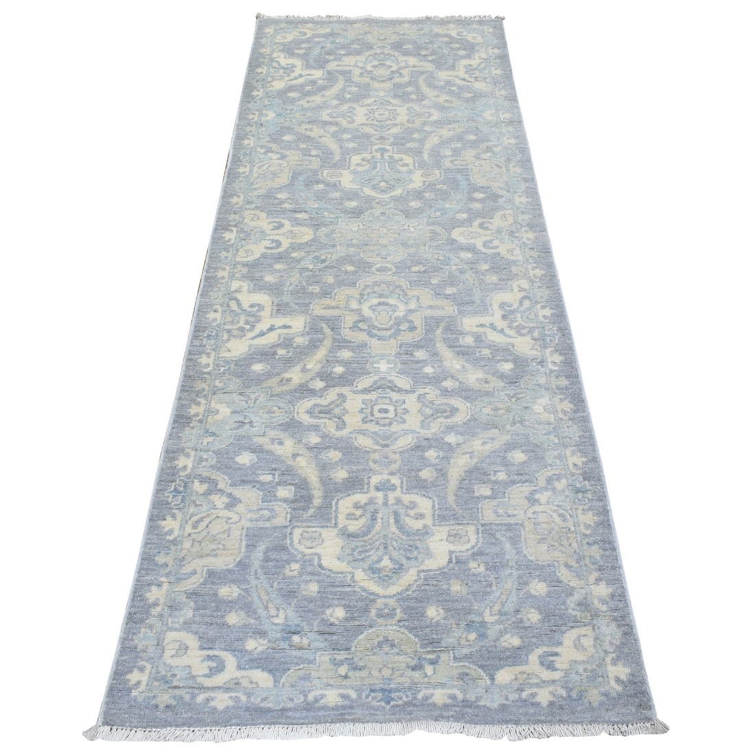 Fine Light Gray Hand Knotted Peshawar Soft Wool 2'8"x7'7" Rug: Fine Light Gray Hand Knotted Peshawar Soft Wool 2'8"x7'7" Rug Fine Light Gray Hand Knotted Peshawar Soft Wool 2'8"x7'7" Rug - A stunning example of traditional Afghan craftsmanship, this hand-knotted 