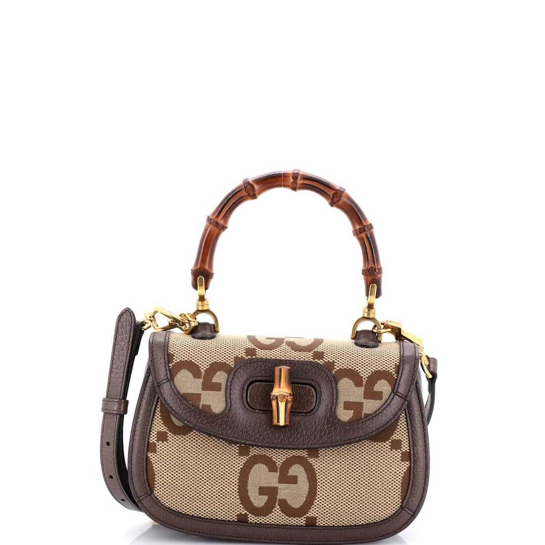 Gucci Bamboo GG Canvas Small Bag Handle Top 1947 Jumbo: Gucci Bamboo GG Canvas Small Bag Handle Top 1947 Jumbo Small Gucci Bamboo GG Canvas Top Handle Bag, Brown Exterior, Neutral Interior. This 1947 Jumbo model features iconic Bamboo design and a classic 