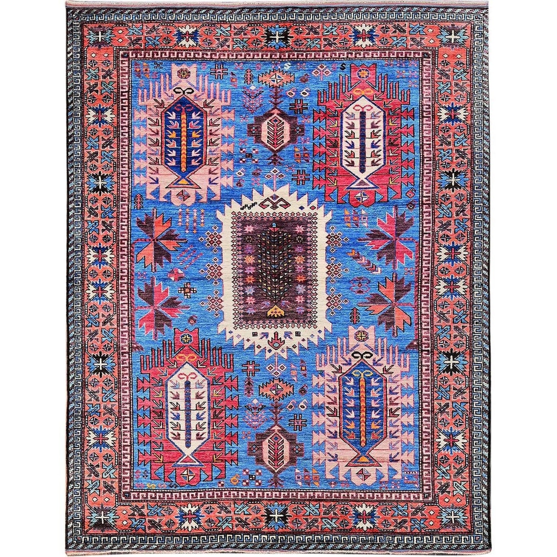 6'x7'8" Blue Afghan Ersari Caucasian Design Revival Hand Knotted Wool Rug: 6'x7'8" Blue Afghan Ersari Caucasian Design Revival Hand Knotted Wool Rug The Blue Afghan Ersari Caucasian Design Revival Hand Knotted Wool Rug boasts an impressive 6'0" x 7'8" rectangular field, show