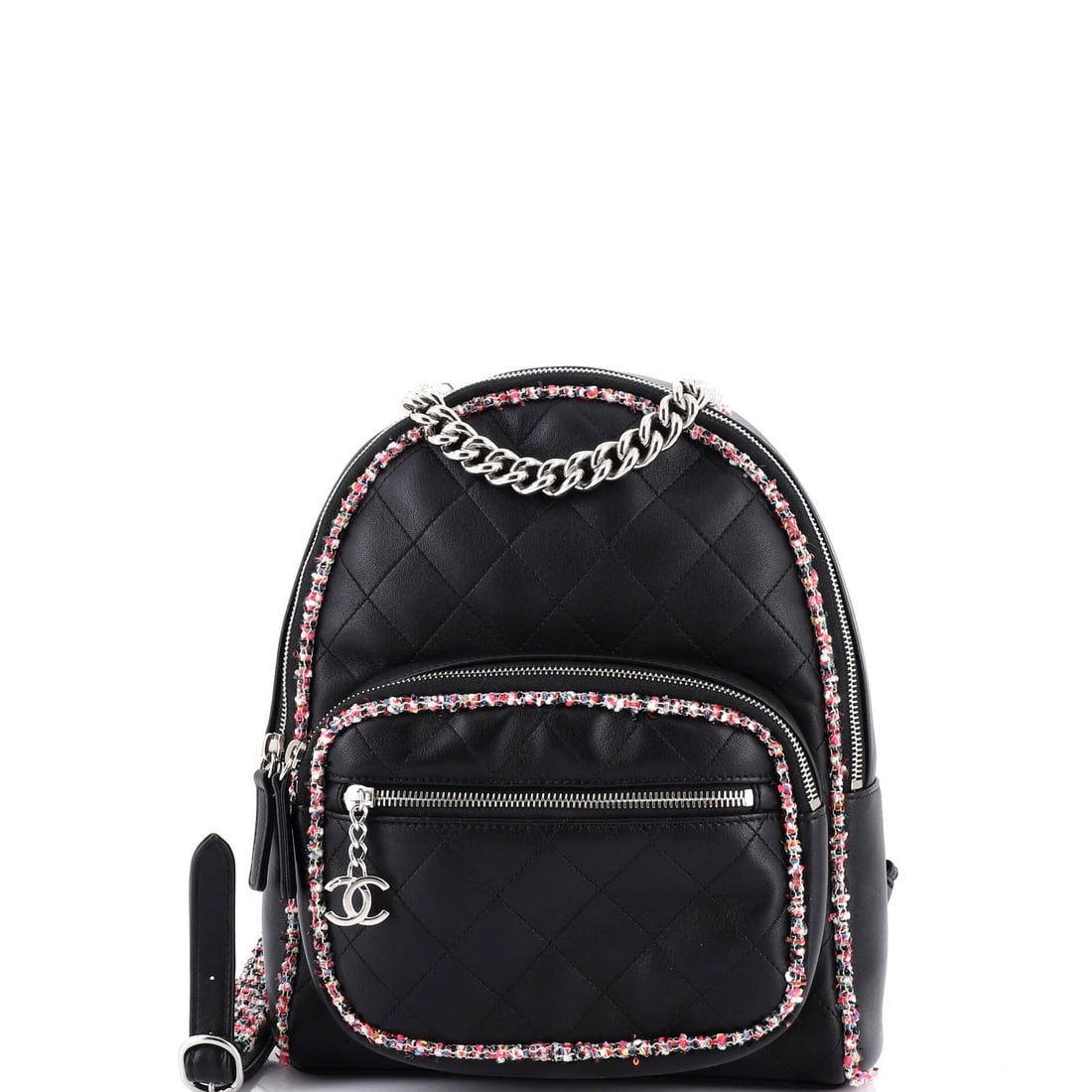 Elegant Tweed Backpack Quilted Leather Trim With Small Chanel: Elegant Tweed Backpack Quilted Leather Trim With Small Chanel Black Tweed Backpack with Quilted Leather Trim and Small Chanel. This elegant backpack features quilted leather trim, a small exterior mat