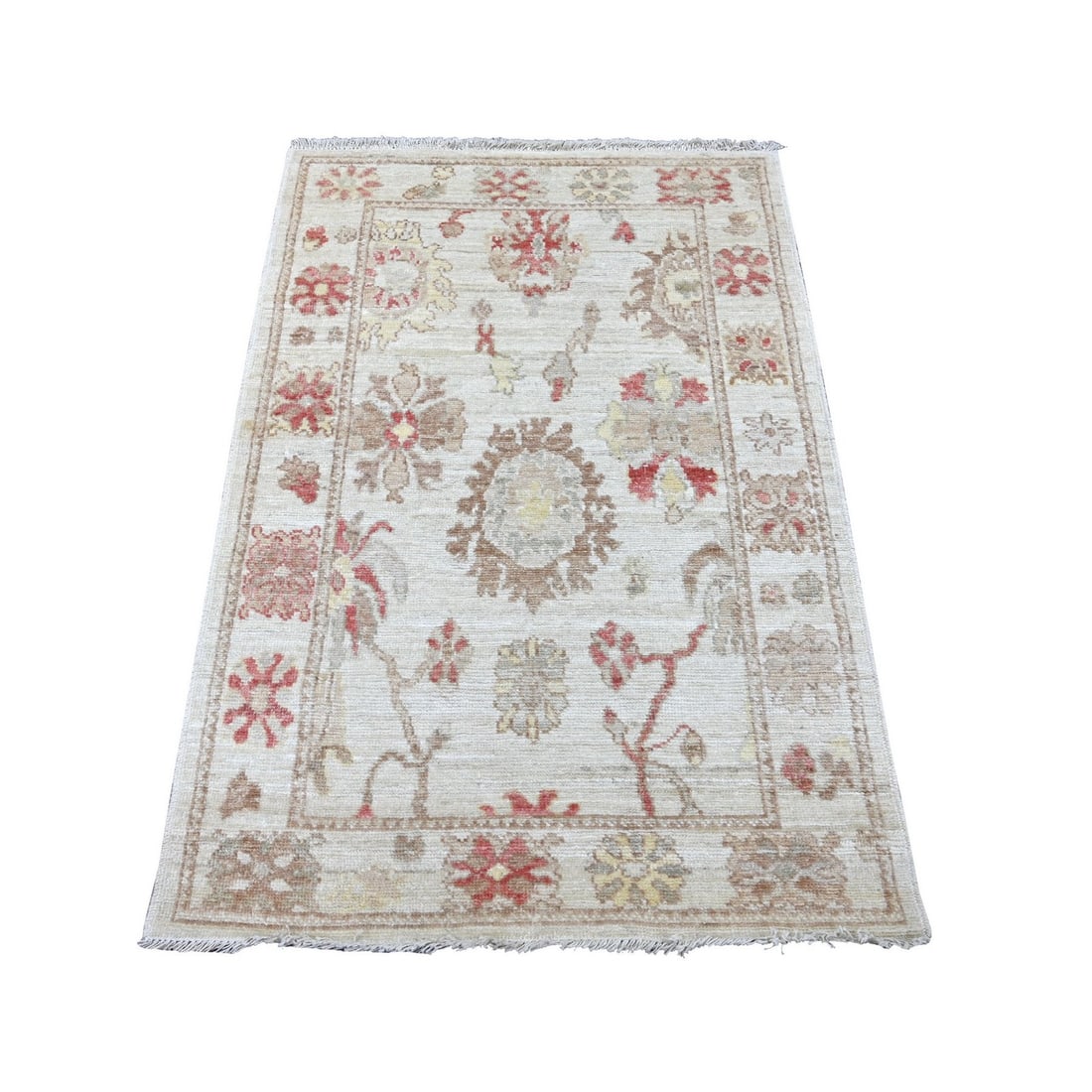 3'2"x5' Ivory Afghan Angora Oushak Leaf Design Hand Knotted Wool Rug: 3'2"x5' Ivory Afghan Angora Oushak Leaf Design Hand Knotted Wool Rug The Oushak Leaf Design Hand Knotted Wool Rug boasts an elegant ivory color and intricate floral pattern, characteristic of traditio