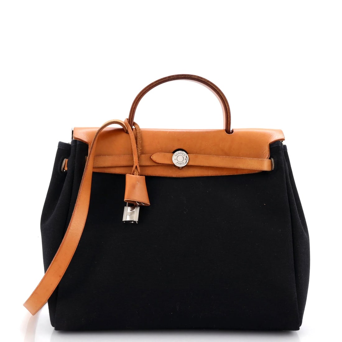 Hermes Herbag Toile and Leather PM: Hermes Herbag Toile and Leather PM Black Herm?s Herbag Toile and Leather PM with Palladium Hardware, featuring a classic top handle design. The exterior leather has developed scuffs, creases, edge wea