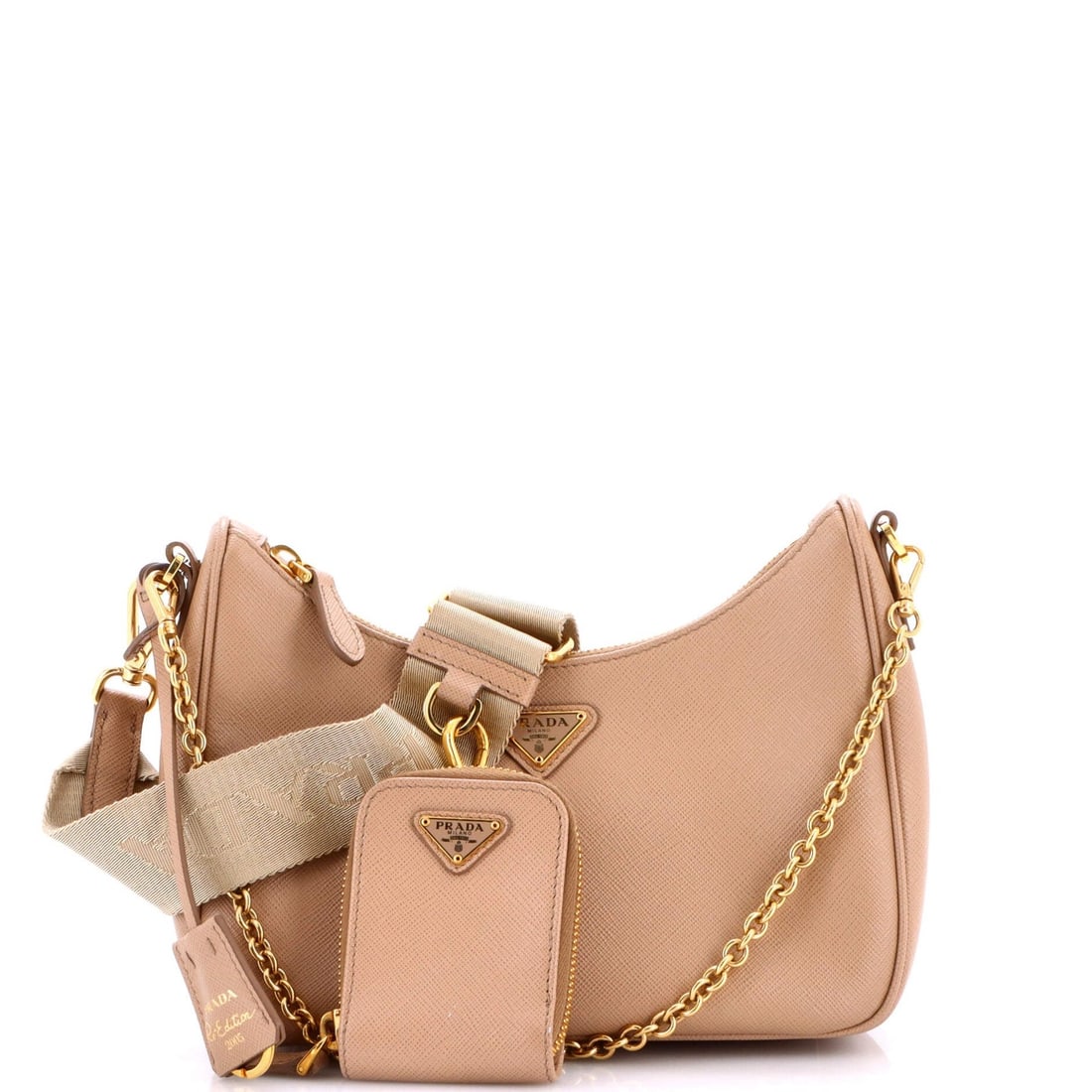 Prada Re-Edition 2005 Shoulder Bag Saffiano Leather Small: Prada Re-Edition 2005 Shoulder Bag Saffiano Leather Small Saffiano leather small cross body bag from the iconic Prada Re-Edition 2005 collection, featuring a neutral exterior and gold hardware. This s