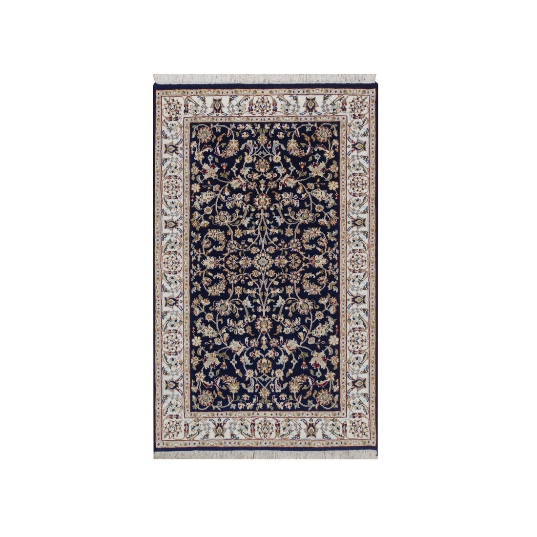 3'2"x5'1" Midnight Blue Nain Hand Knotted Wool and Silk 250 KPSI Rug: 3'2"x5'1" Midnight Blue Nain Hand Knotted Wool and Silk 250 KPSI Rug Midnight Blue Nain Hand Knotted Wool and Silk Rug. This stunning, all-over oriental design rug boasts a rich midnight blue field wi