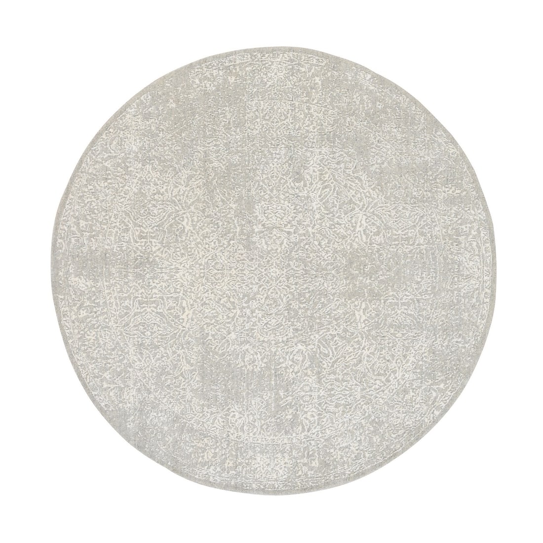 6'x6' Beige Wool and Silk Hand Loomed Fine Jacquard Round Rug: 6'x6' Beige Wool and Silk Hand Loomed Fine Jacquard Round Rug This exquisite Beige Wool and Silk Hand Loomed Fine Jacquard Round Rug boasts an impressive size of 6'0" x 6'0" with a rich, all-beige col