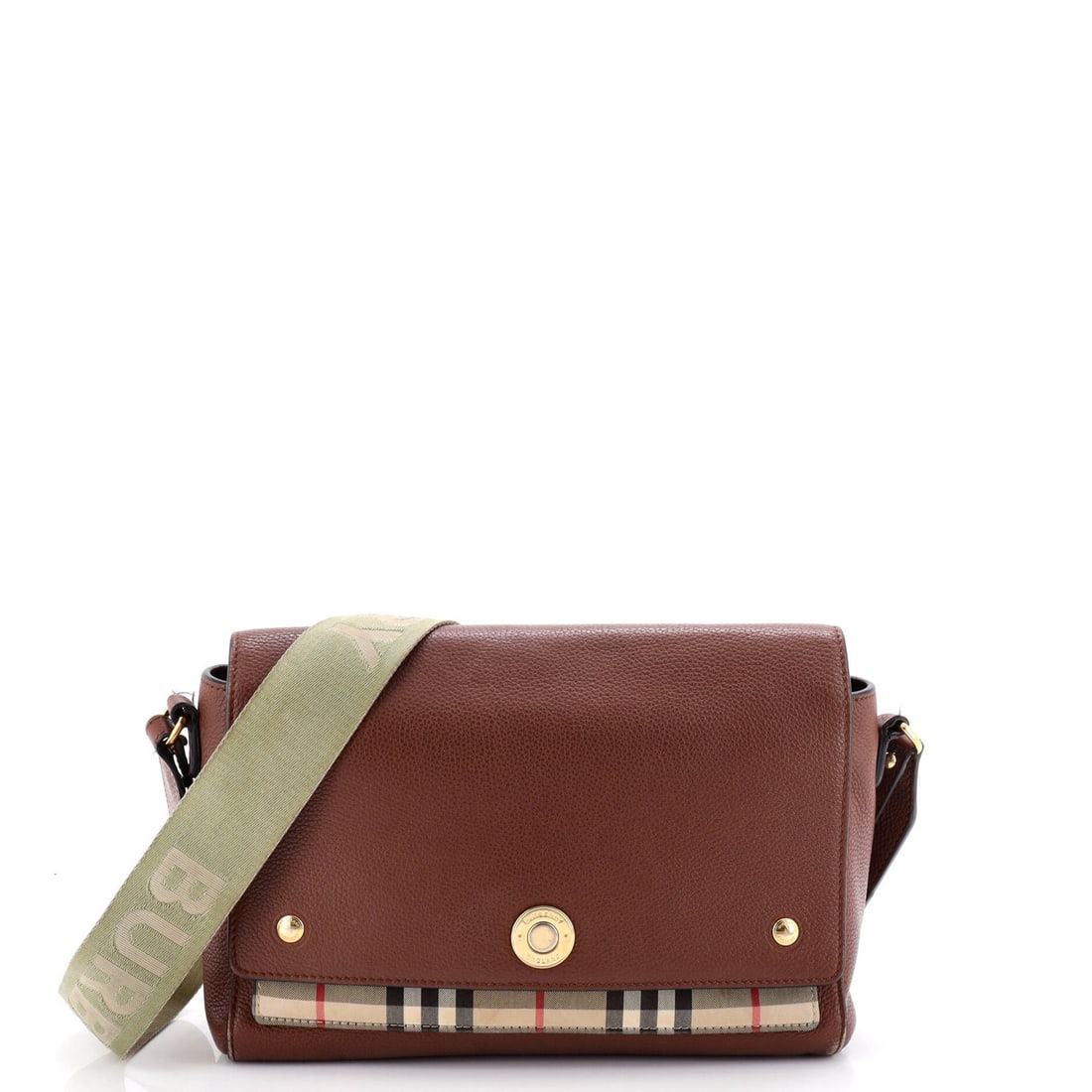 Burberry Note Crossbody Bag Leather with Vintage Check Canvas Medium: Burberry Note Crossbody Bag Leather with Vintage Check Canvas Medium Brown leather Burberry Note Crossbody Bag with vintage check canvas interior, featuring a medium size and gold hardware. The bag ha