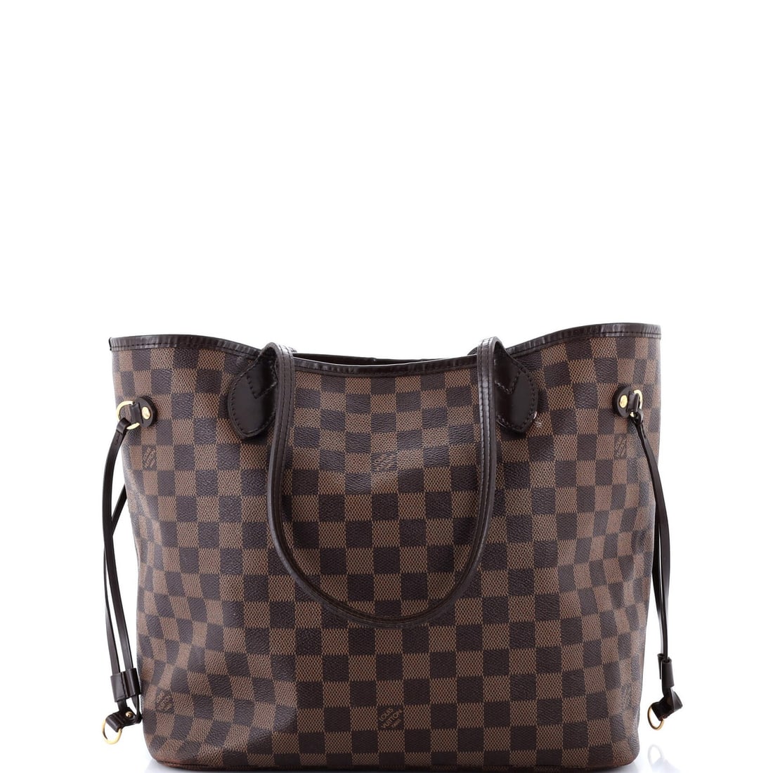 Damier MM Vuitton Louis Neverfull Tote: Damier MM Vuitton Louis Neverfull Tote Brown Damier MM Louis Vuitton Neverfull Tote with canvas coated exterior and red fabric interior, featuring gold hardware and heavy cracking throughout. The tote