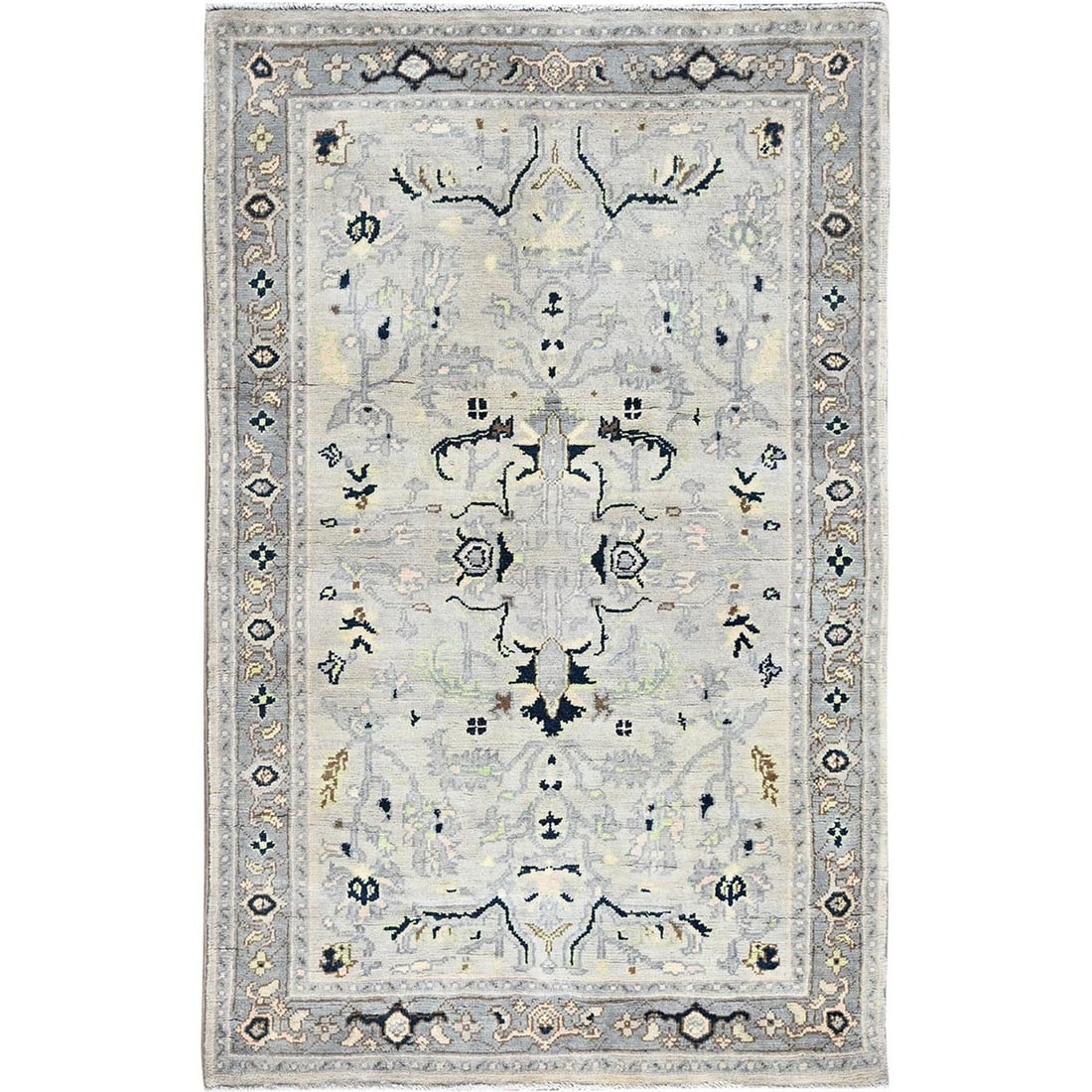 3'1"x4'10" Marian Blue Seeripe Heris Design Natural Wool Hand Knotted Rug: 3'1"x4'10" Marian Blue Seeripe Heris Design Natural Wool Hand Knotted Rug The Marian Blue Seeripe Heris Design Natural Wool Hand Knotted Rug boasts an intricate, rectangular field with a stunning blue