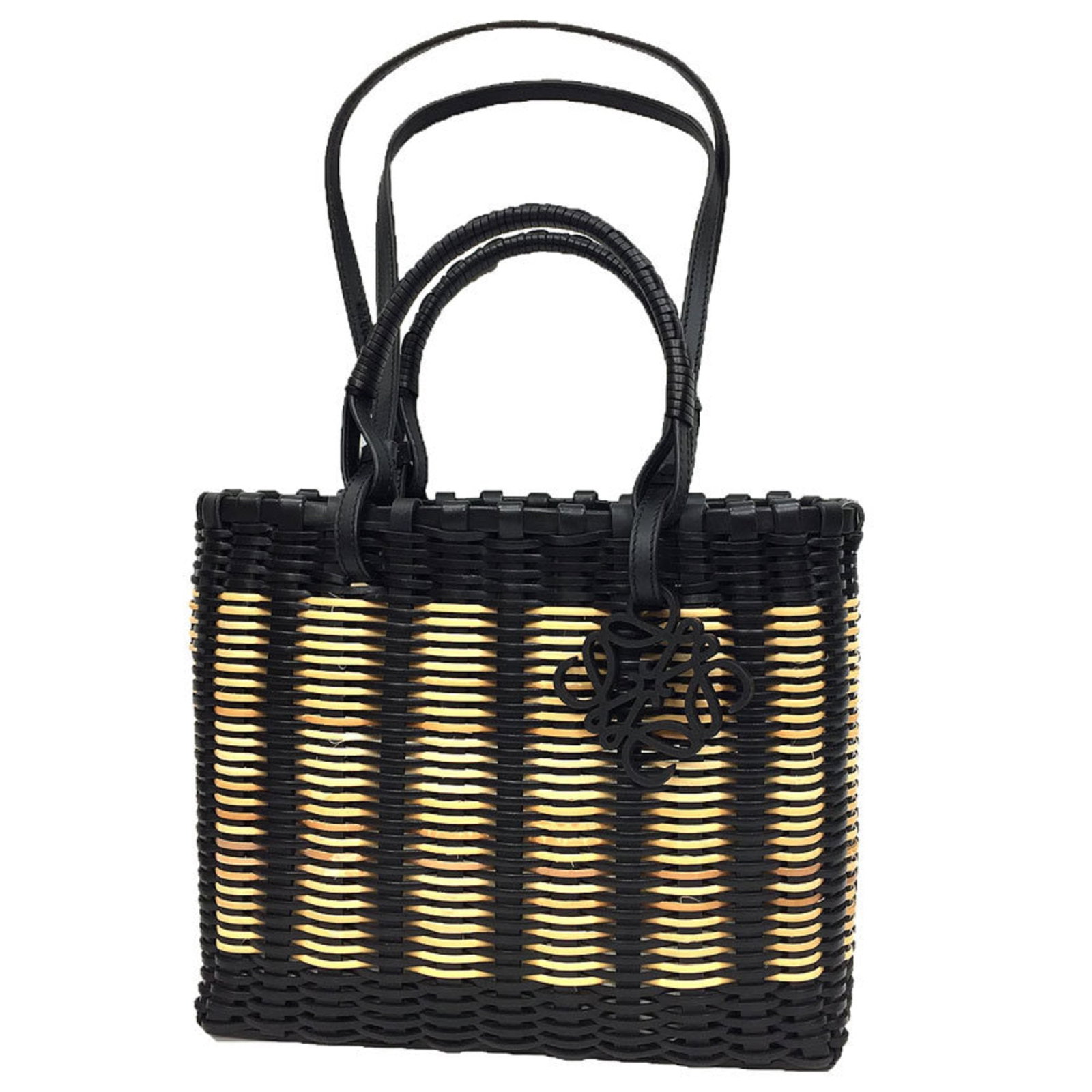Rattan Leather Tote Bag Loewe: Rattan Leather Tote Bag Loewe Black Rattan Leather Tote Bag from Loewe, measuring 22cm x 25.5cm x 8.5cm, comes with a dust bag for protection. The bag features rattan and leather materials in black co