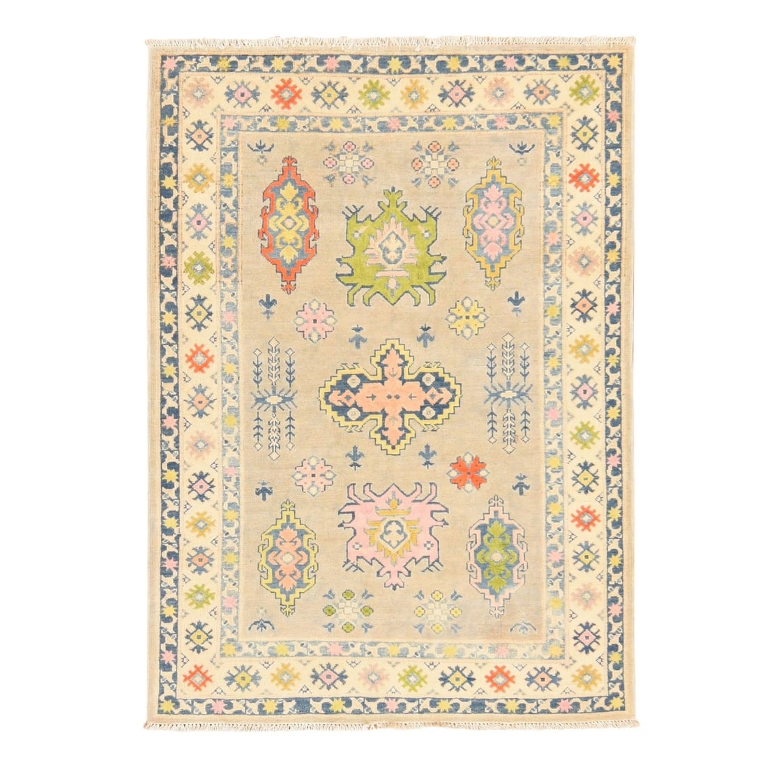 3'10"x5'5" Beige Fusion Kazak with Geometric Elements Wool Hand Knotted: 3'10"x5'5" Beige Fusion Kazak with Geometric Elements Wool Hand Knotted Beige Fusion Kazak with Geometric Elements - A Timeless Oriental Design. This hand-knotted wool rug features an all-over geometr