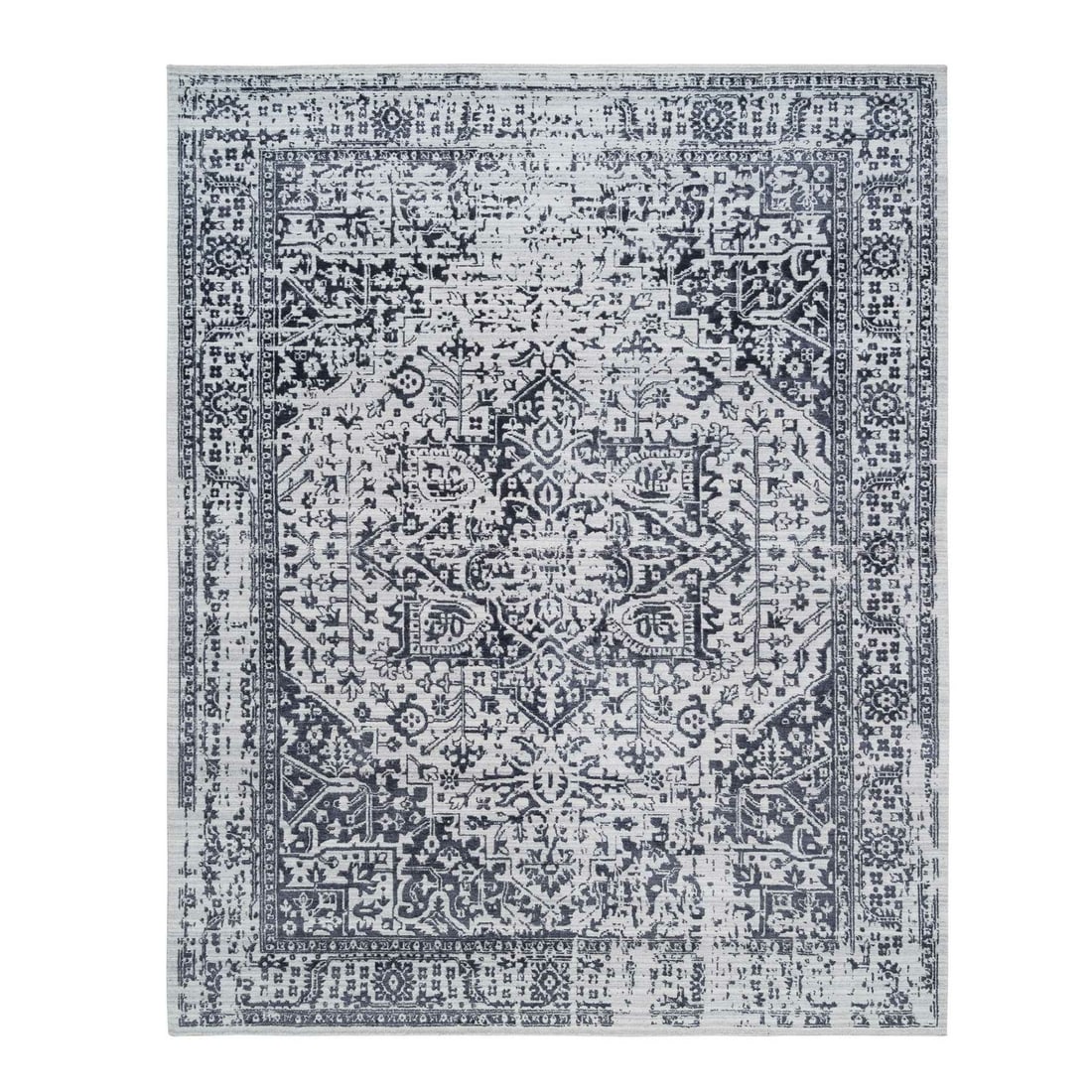 8'10"x11'10" Black Heris Design Wool and Silk Hand Loomed Rug: 8'10"x11'10" Black Heris Design Wool and Silk Hand Loomed Rug The Heris Design Wool and Silk Hand Loomed Rug boasts an impressive rectangular field with a striking black color, complemented by an ivor